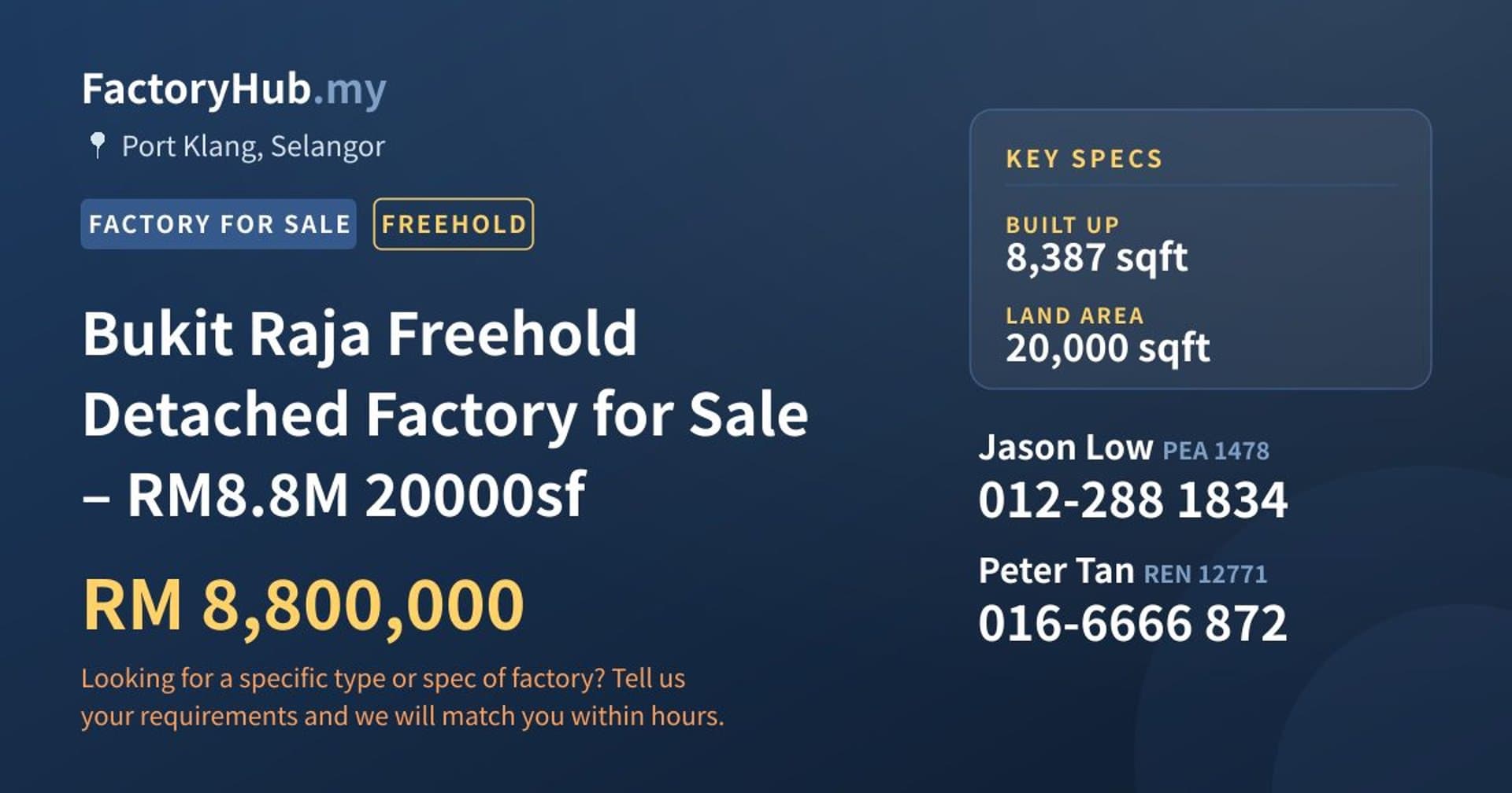Bukit Raja Freehold Detached Factory for Sale – RM8.8M 20000sf - Property image 1 of 7