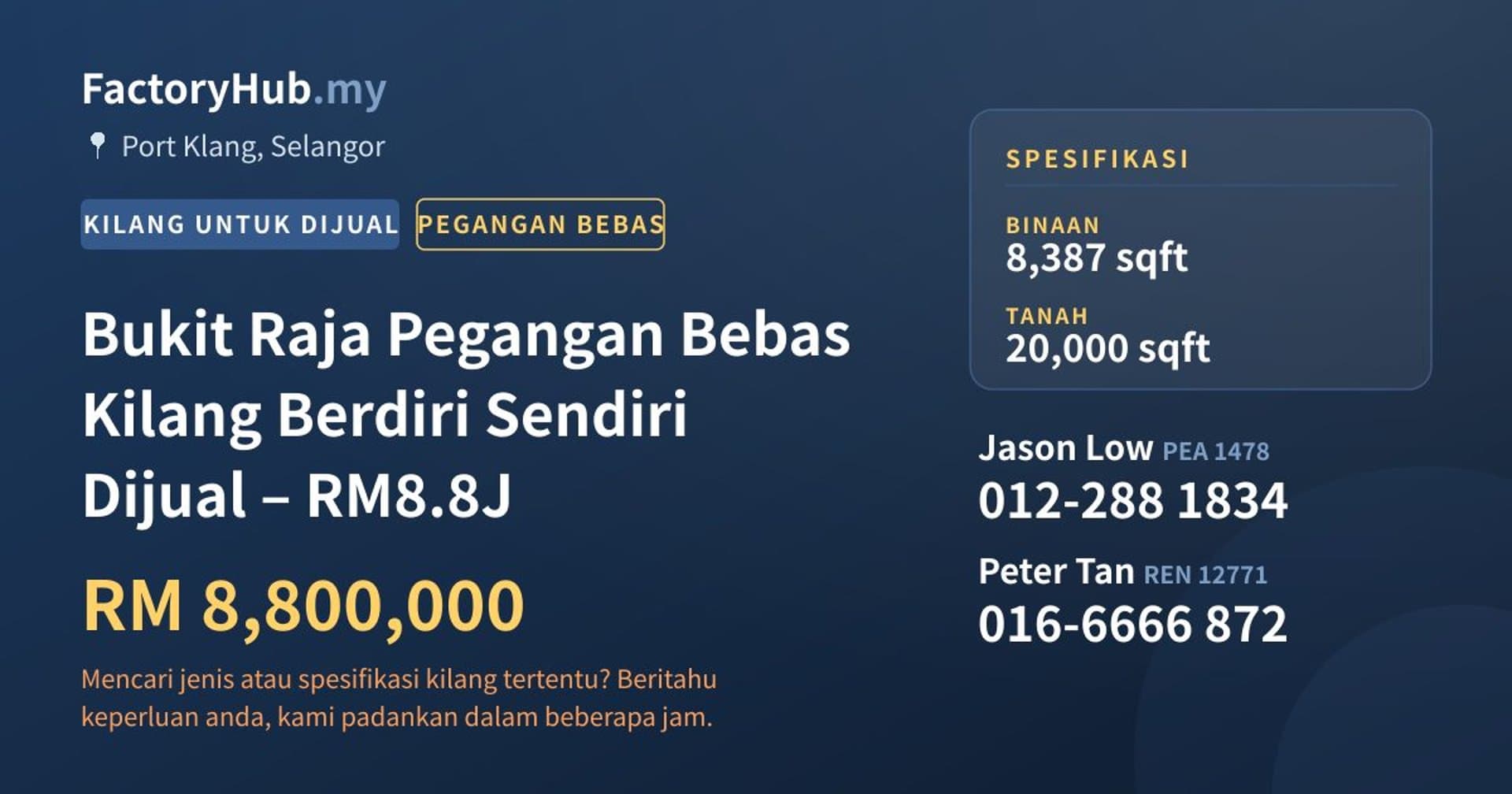 Bukit Raja Pegangan Bebas Kilang Berdiri Sendiri Dijual – RM8.8J · Imej hartanah 1/7