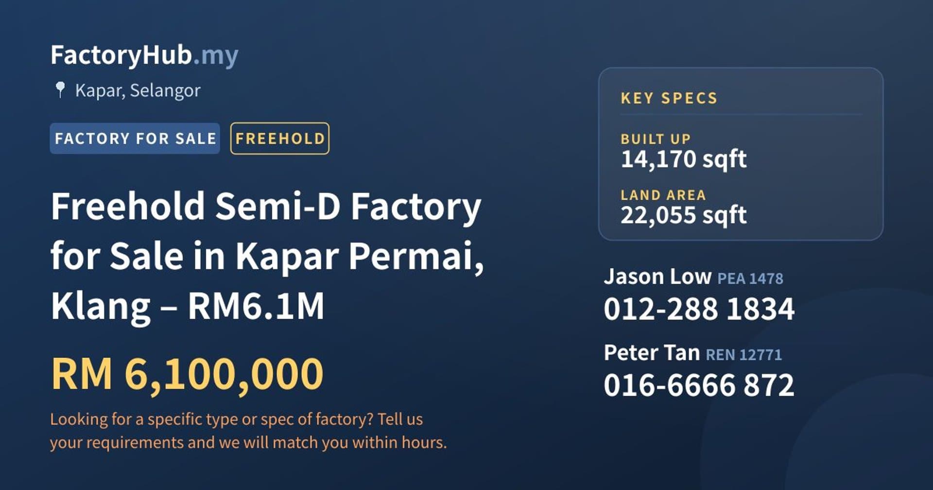 Freehold Semi-D Factory for Sale in Kapar Permai, Klang – RM6.1M - Property image 1 of 7