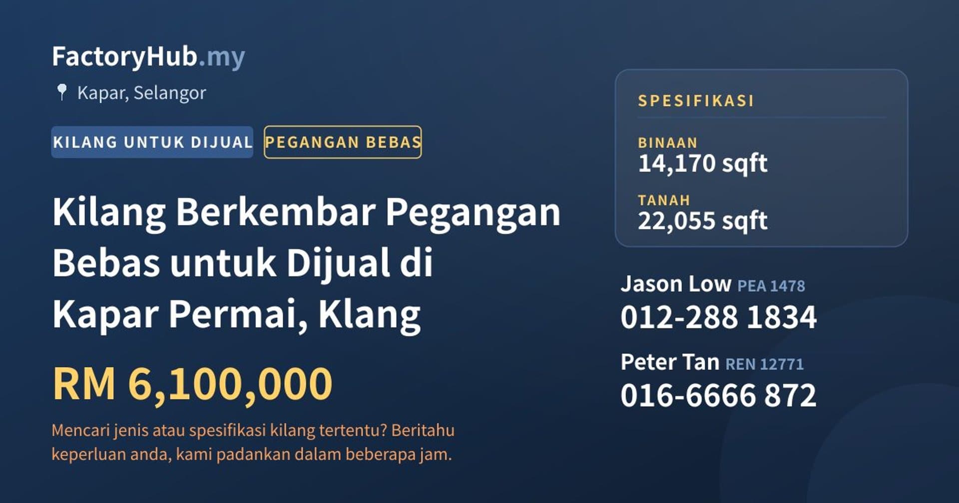 Kilang Berkembar Pegangan Bebas untuk Dijual di Kapar Permai, Klang · Imej hartanah 1/7