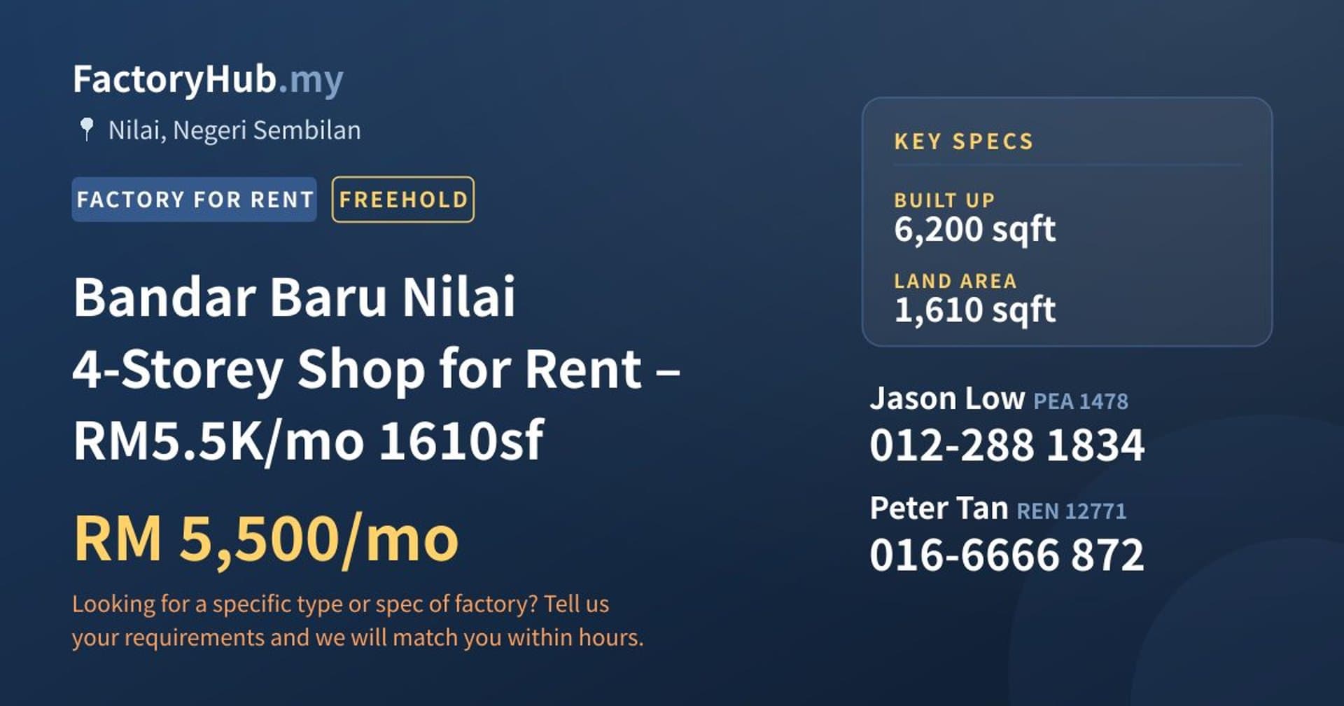 Bandar Baru Nilai 4-Storey Shop for Rent – RM5.5K/mo 1610sf - Property image 1 of 7