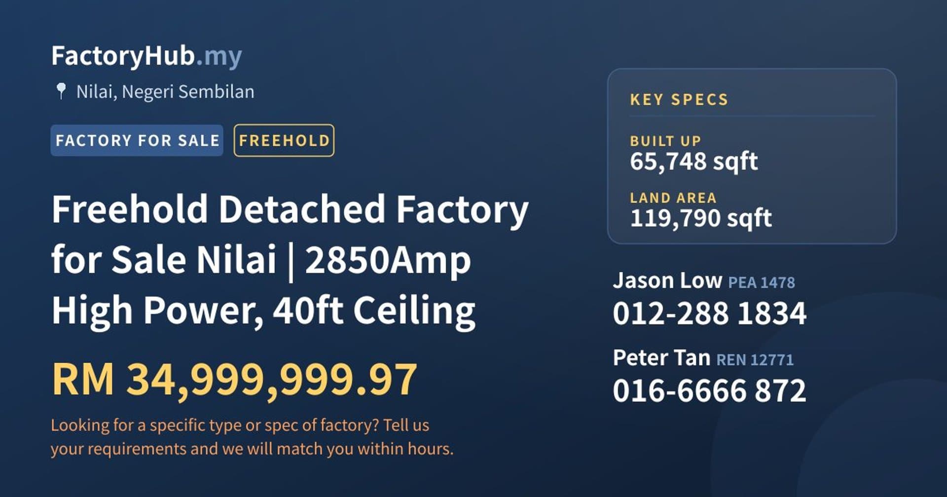 Freehold Detached Factory for Sale Nilai | 2850Amp High Power, 40ft Ceiling - Property image 1 of 2