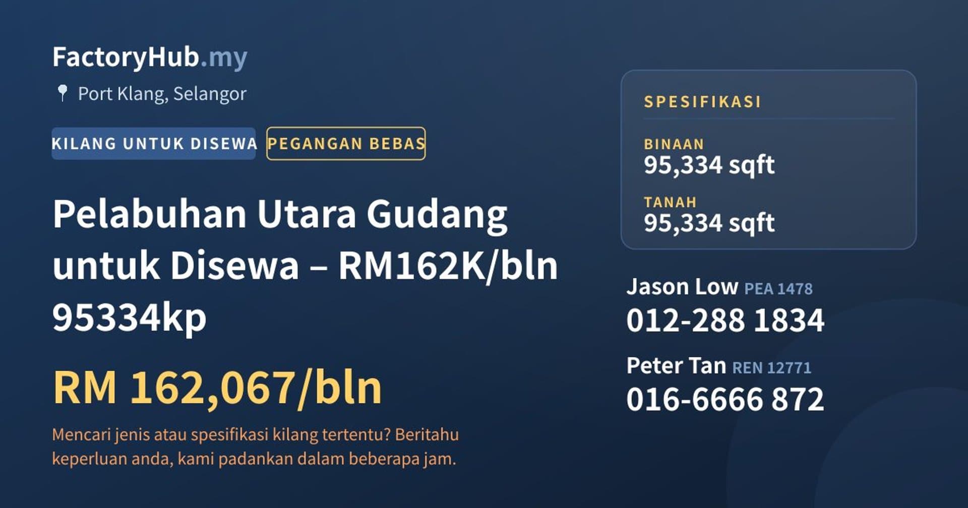 Pelabuhan Utara Gudang untuk Disewa – RM162K/bln 95334kp · Imej hartanah 1/7
