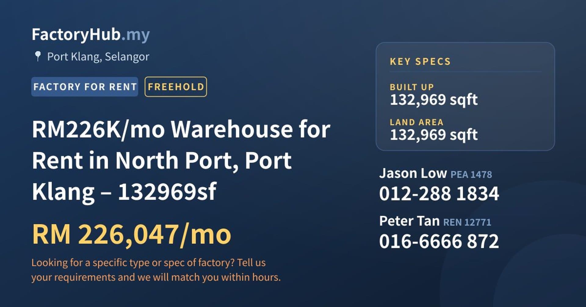 RM226K/mo Warehouse for Rent in North Port, Port Klang – 132969sf - Property image 1 of 7