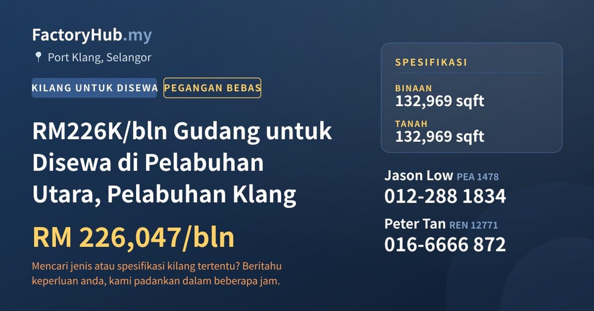 RM226K/bln Gudang untuk Disewa di Pelabuhan Utara, Pelabuhan Klang · Imej hartanah 1/7