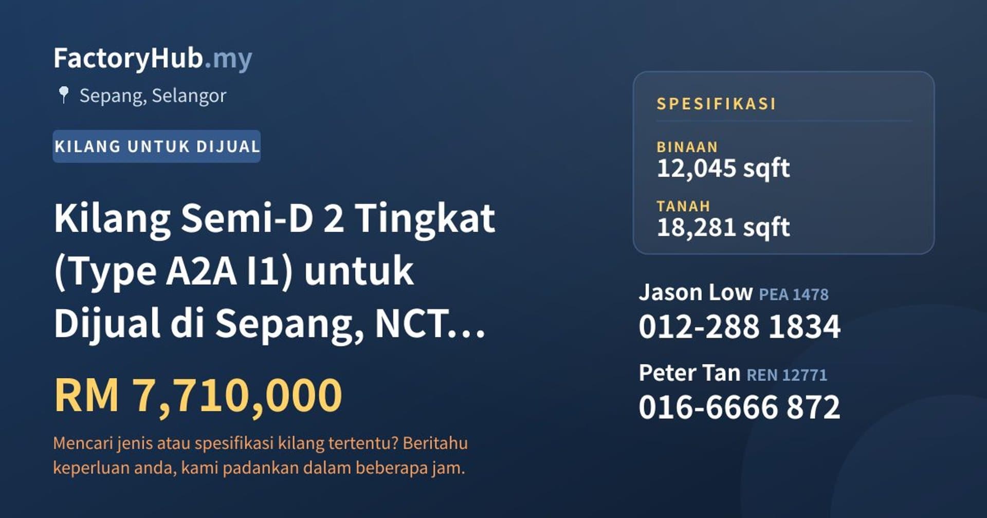 Kilang Semi-D 2 Tingkat (Type A2A I1) untuk Dijual di Sepang, NCT Smart Industrial Park · Imej hartanah 1/6