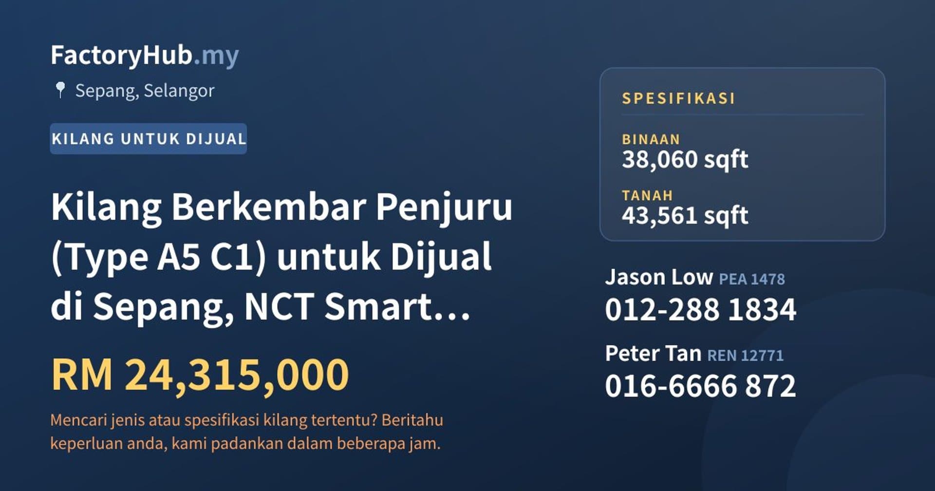 Kilang Berkembar Penjuru (Type A5 C1) untuk Dijual di Sepang, NCT Smart Industrial Park · Imej hartanah 1/6