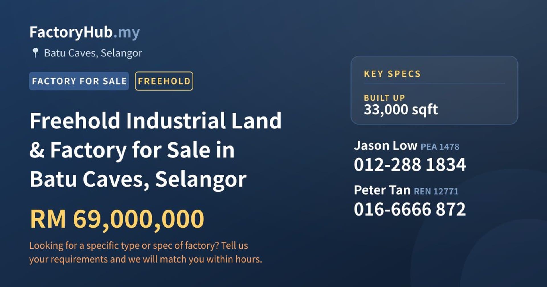 Freehold Industrial Land & Factory for Sale in Batu Caves, Selangor - Property image 1 of 2