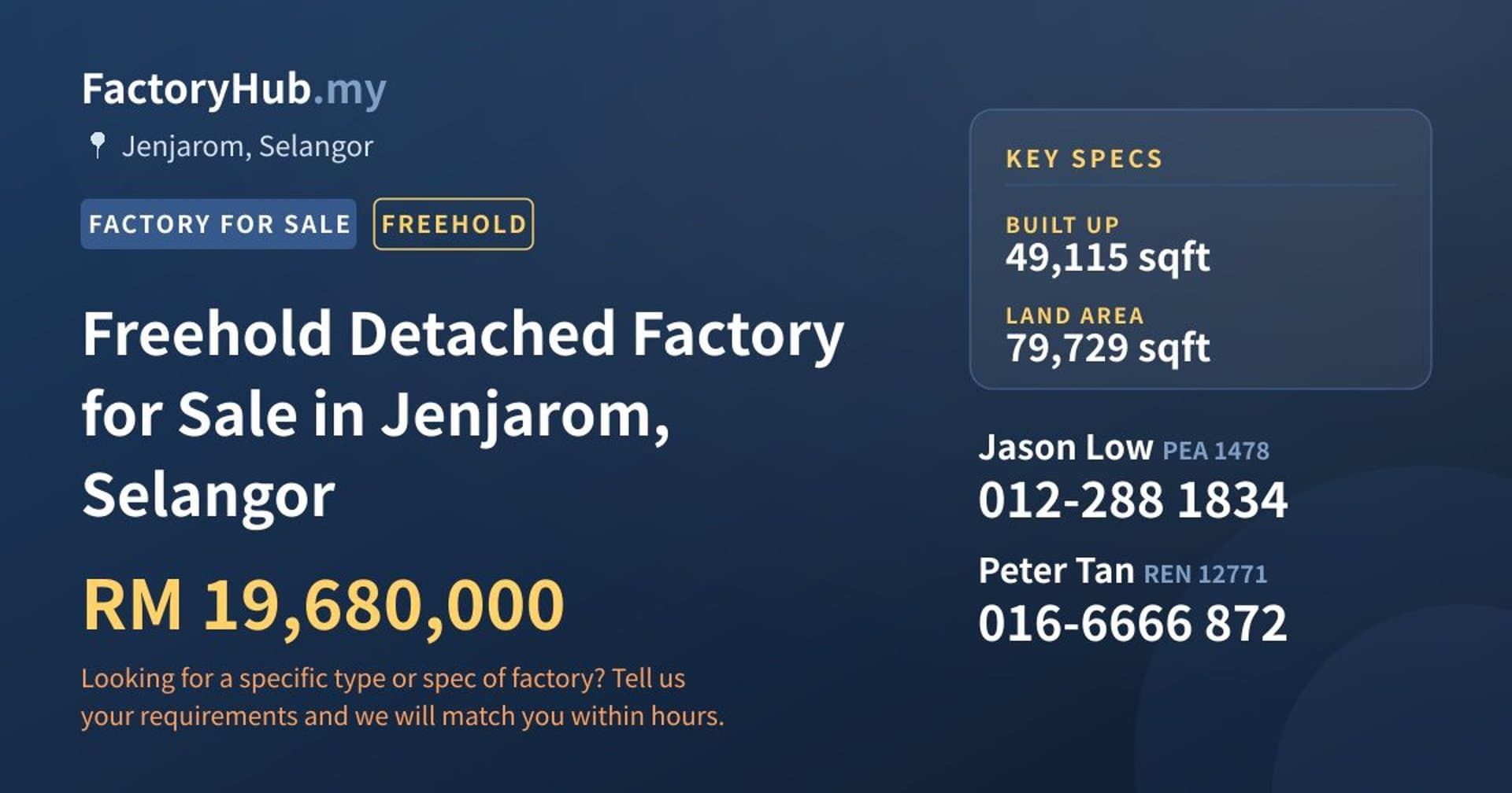 Freehold Detached Factory for Sale in Jenjarom, Selangor - Property image 1 of 2