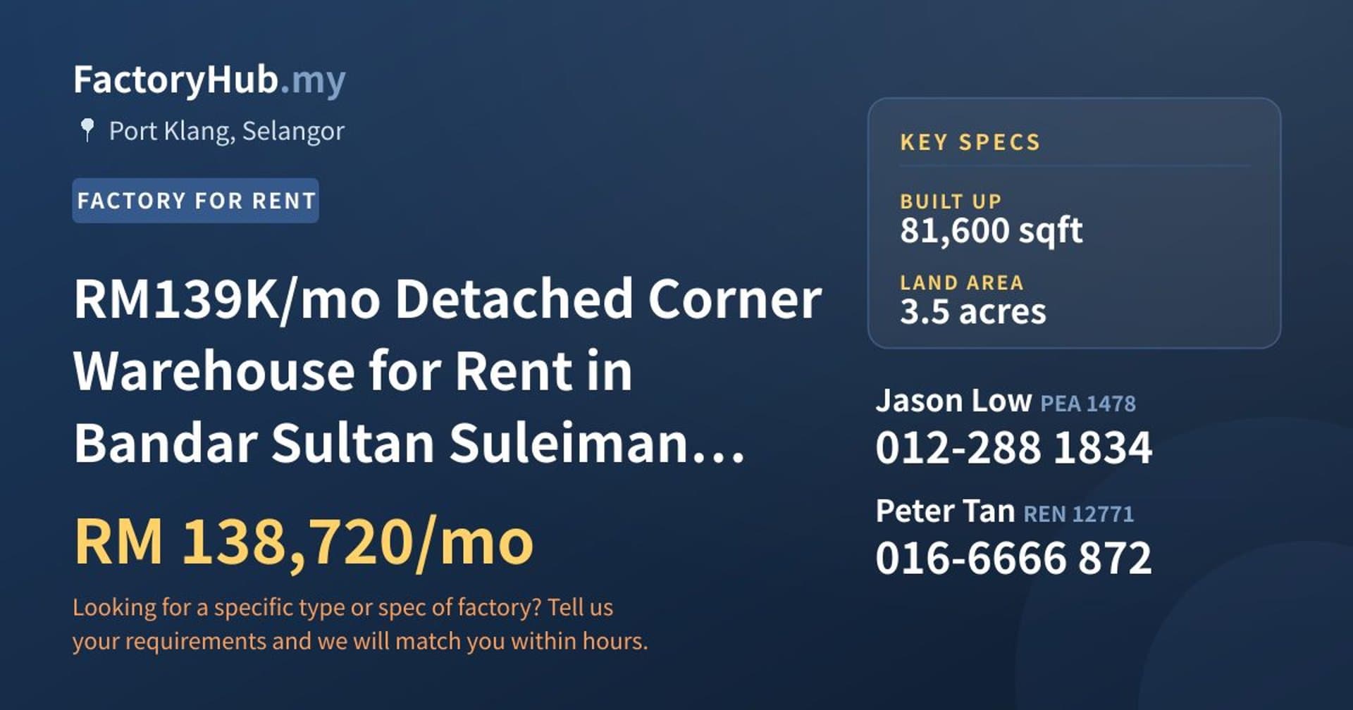 RM139K/mo Detached Corner Warehouse for Rent in Bandar Sultan Suleiman – 81600sf - Property image 1 of 6
