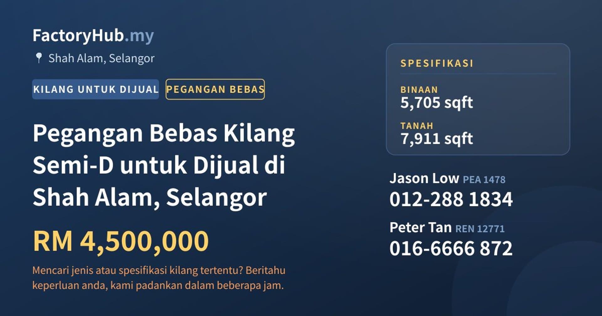 Pegangan Bebas Kilang Semi-D untuk Dijual di Shah Alam, Selangor · Imej hartanah 1/2
