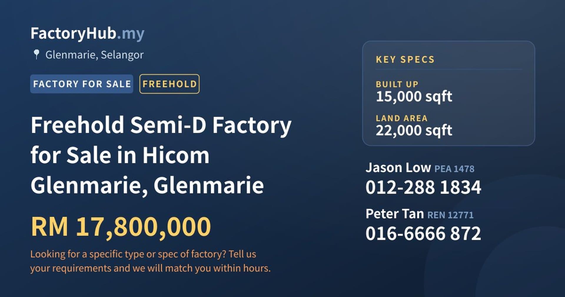 Freehold Semi-D Factory for Sale in Hicom Glenmarie, Glenmarie - Property image 1 of 2