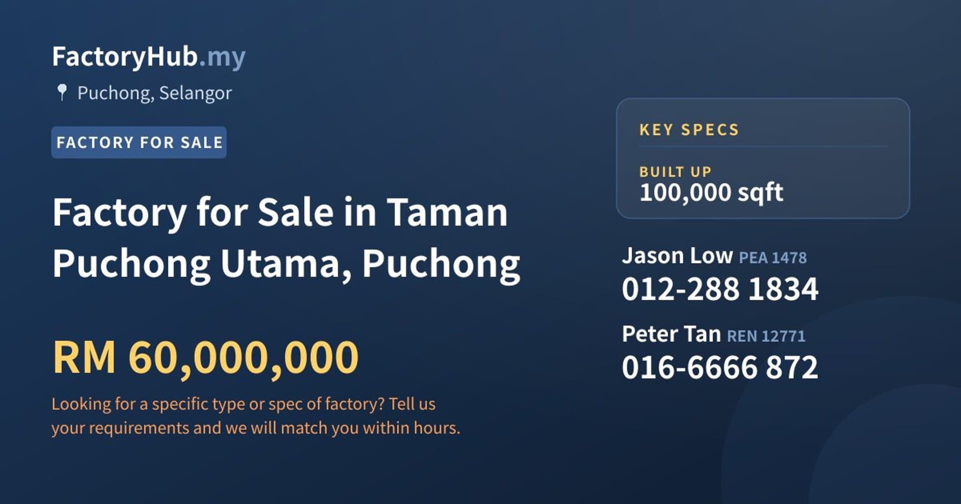 Factory for Sale in Taman Puchong Utama, Puchong - Property image 1 of 2