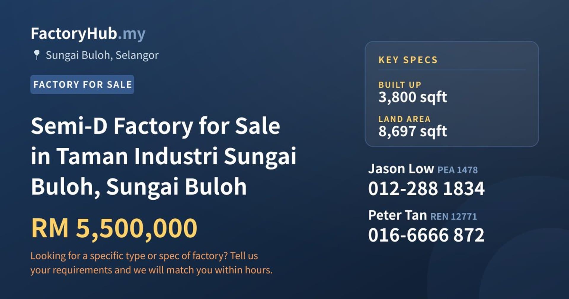 Semi-D Factory for Sale in Taman Industri Sungai Buloh, Sungai Buloh - Property image 1 of 2