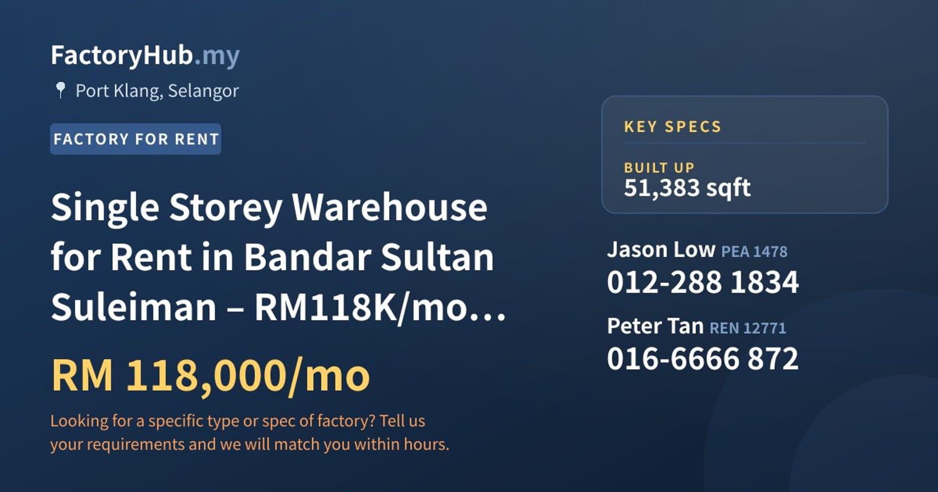 Single Storey Warehouse for Rent in Bandar Sultan Suleiman – RM118K/mo 51383sf - Property image 1 of 5