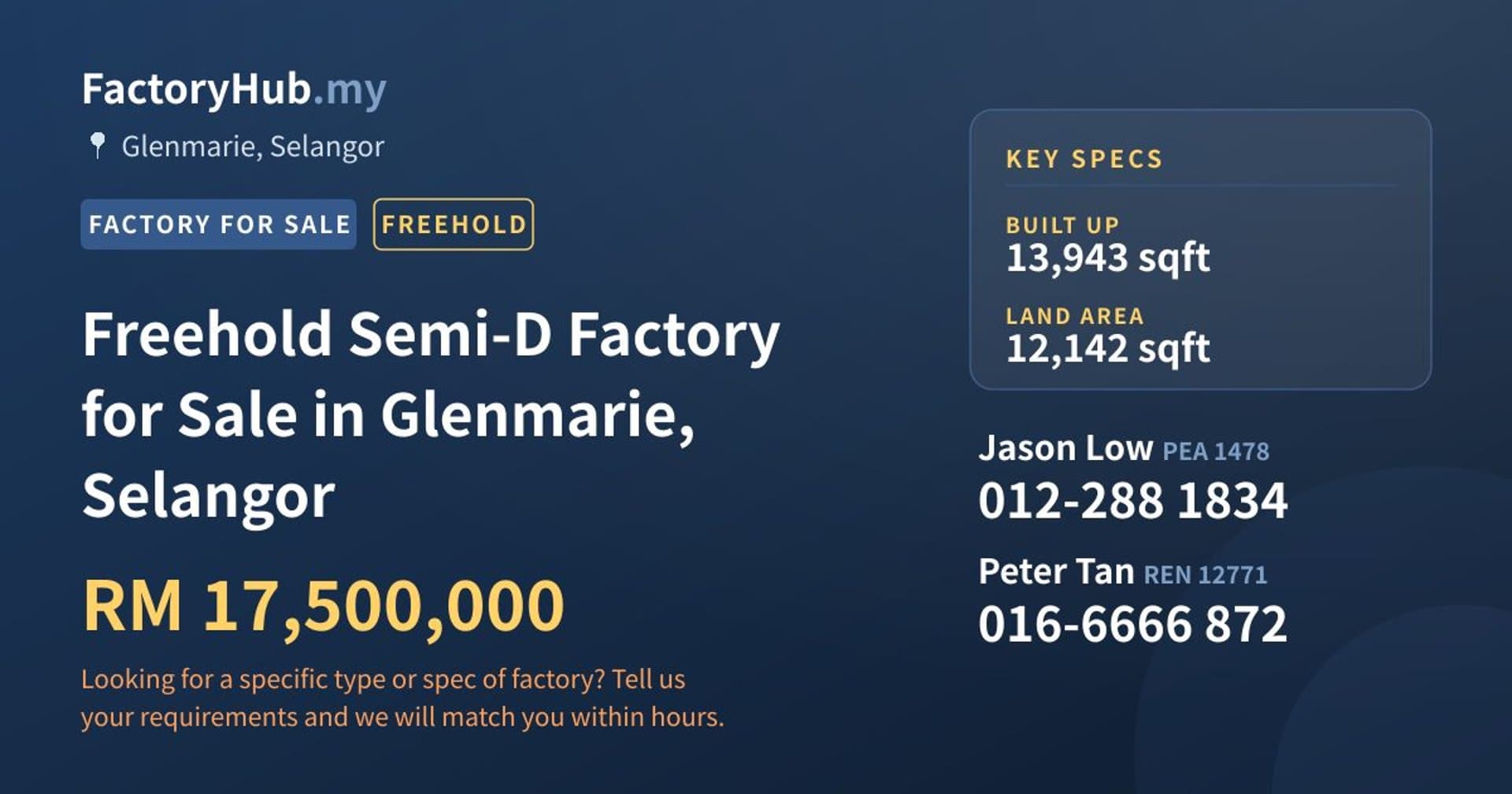 Freehold Semi-D Factory for Sale in Glenmarie, Selangor - Property image 1 of 2