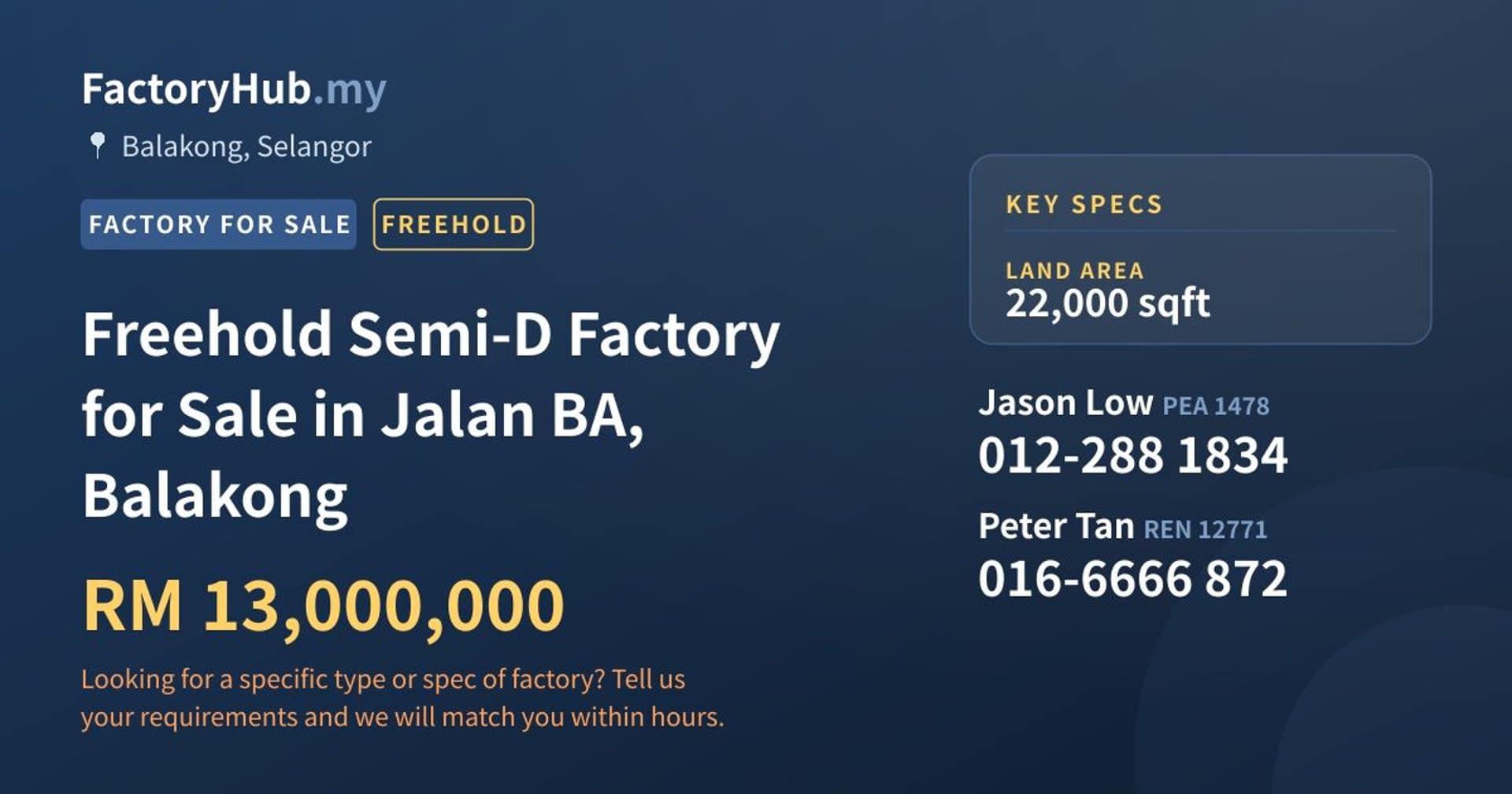 Freehold Semi-D Factory for Sale in Jalan BA, Balakong - Property image 1 of 2