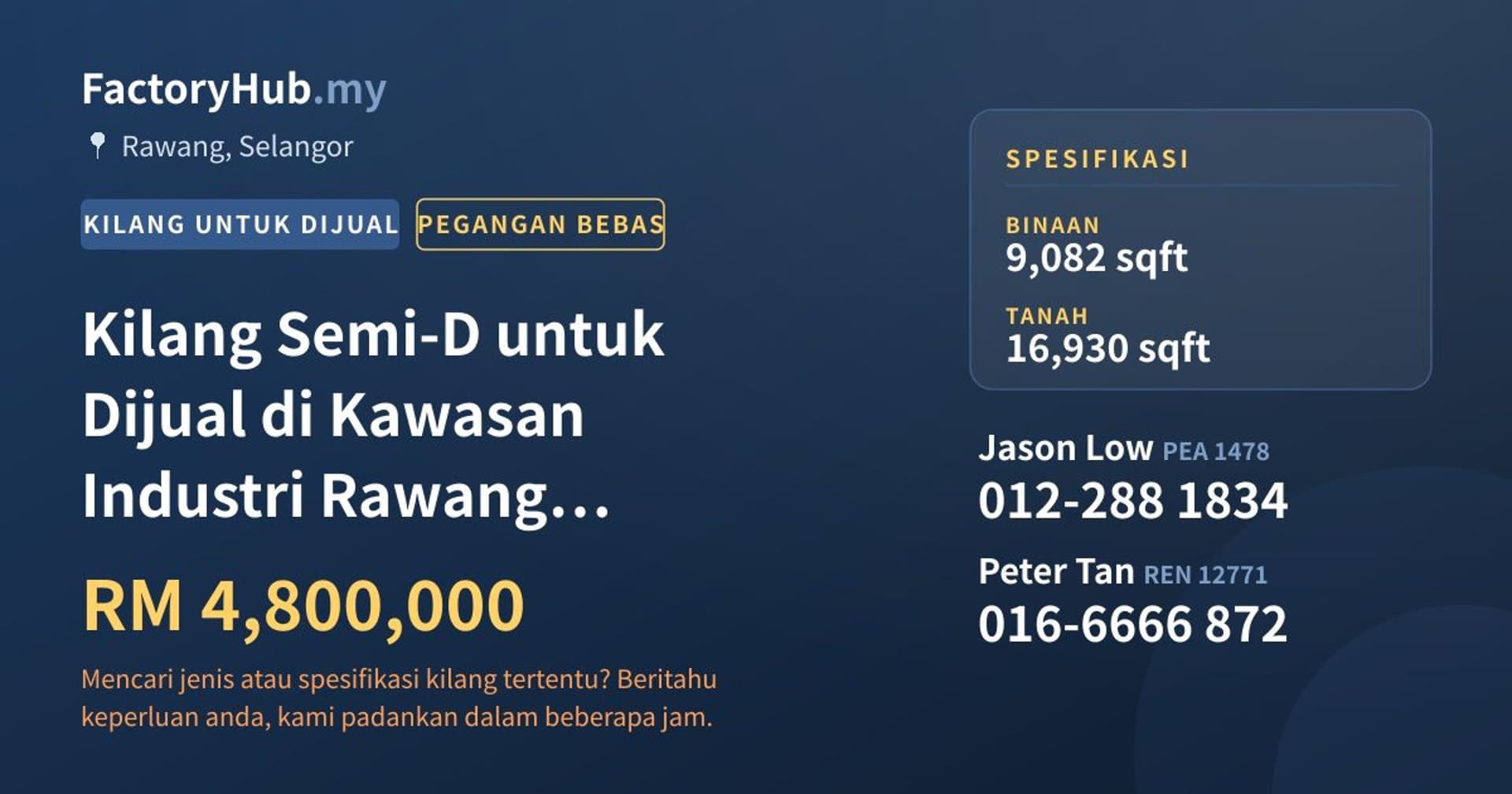 Kilang Semi-D untuk Dijual di Kawasan Industri Rawang Intergrated · Imej hartanah 1/2