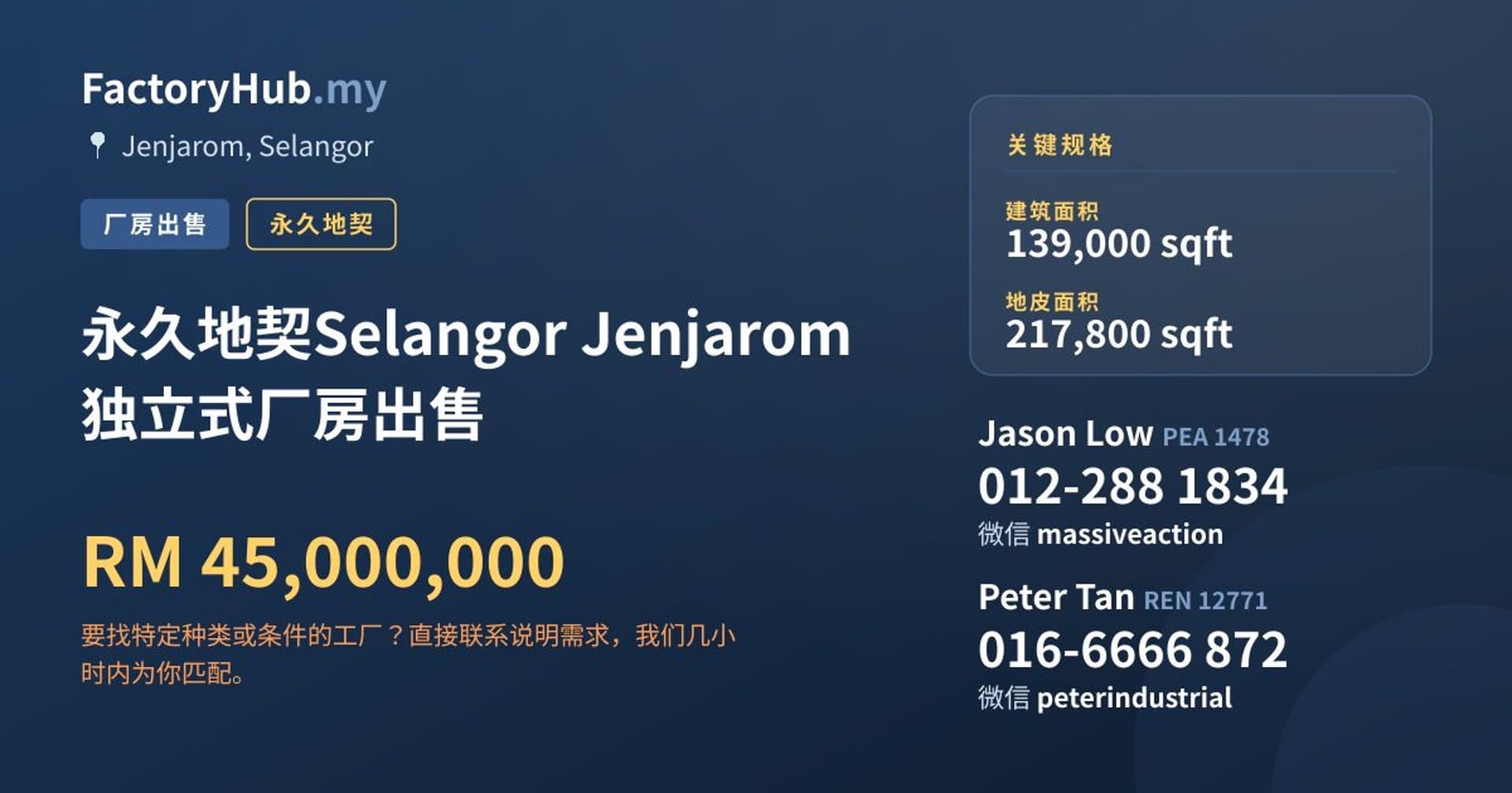 永久地契Selangor Jenjarom 独立式厂房出售 · 房源图片 1/2