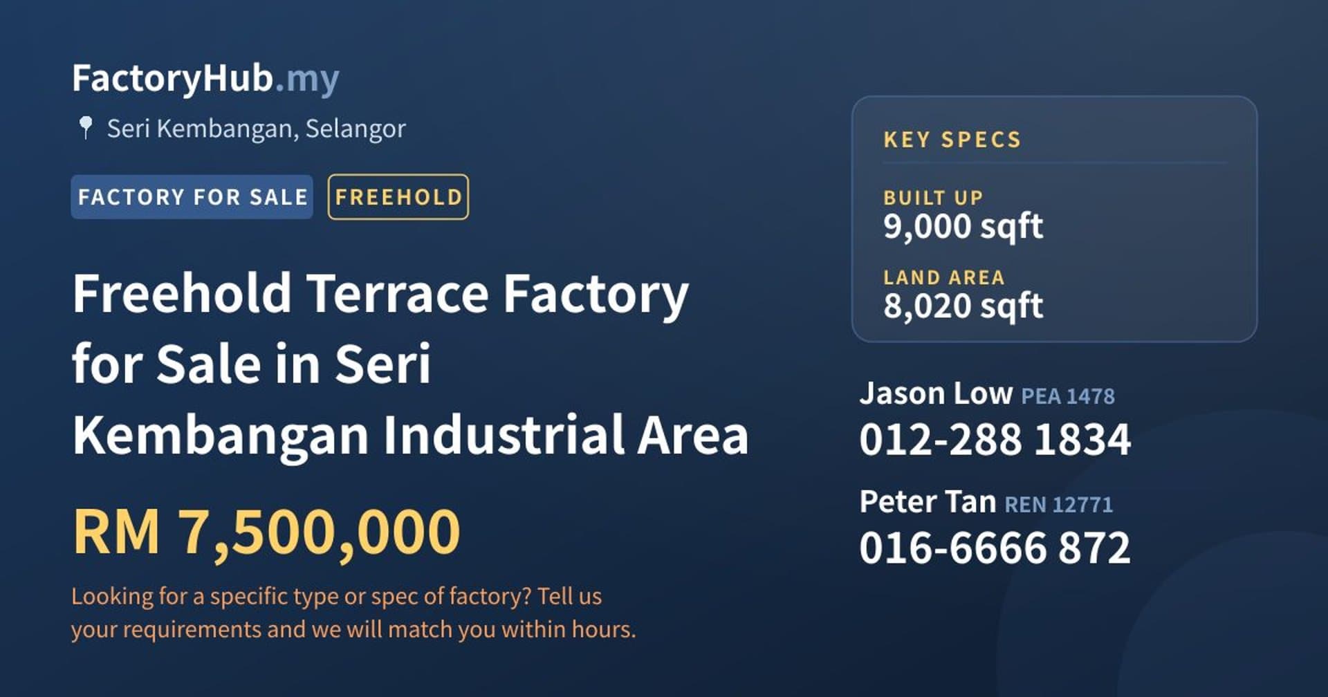 Freehold Terrace Factory for Sale in Seri Kembangan Industrial Area - Property image 1 of 2