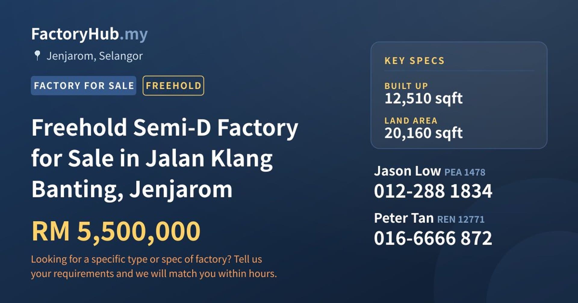 Freehold Semi-D Factory for Sale in Jalan Klang Banting, Jenjarom - Property image 1 of 2