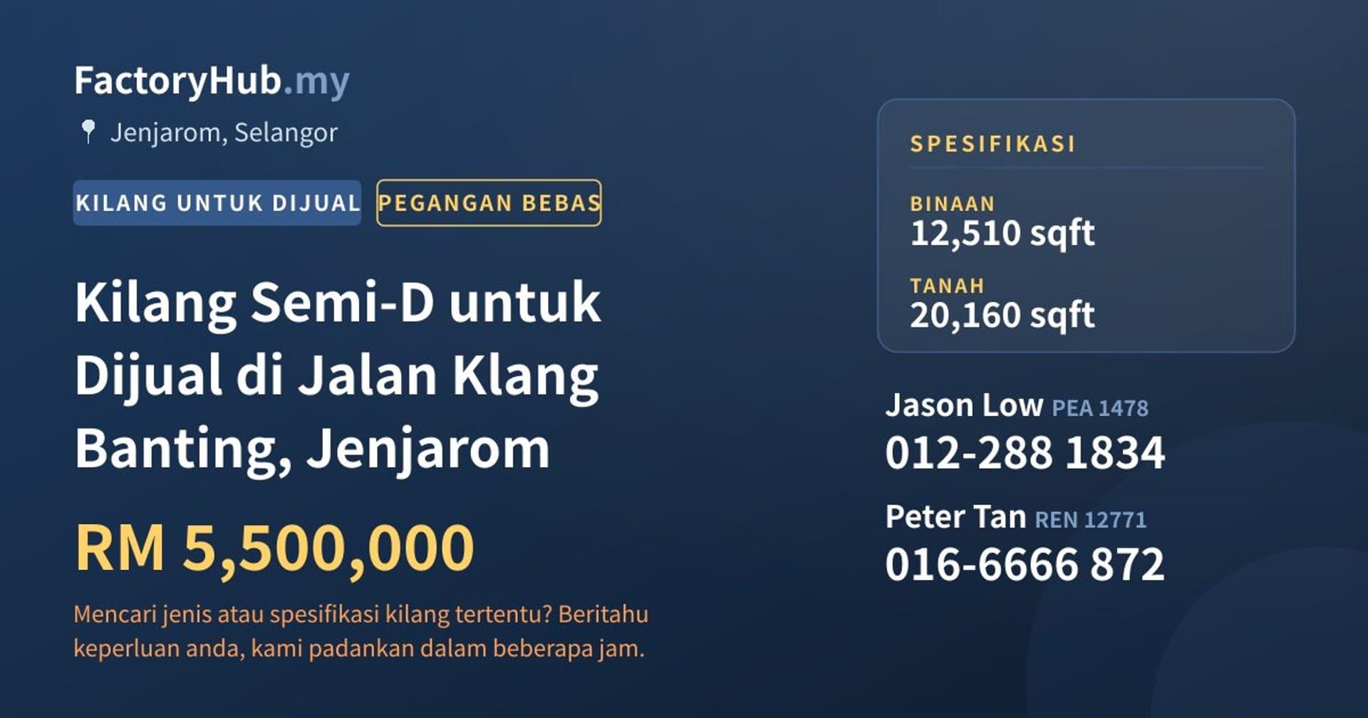 Kilang Semi-D untuk Dijual di Jalan Klang Banting, Jenjarom · Imej hartanah 1/2