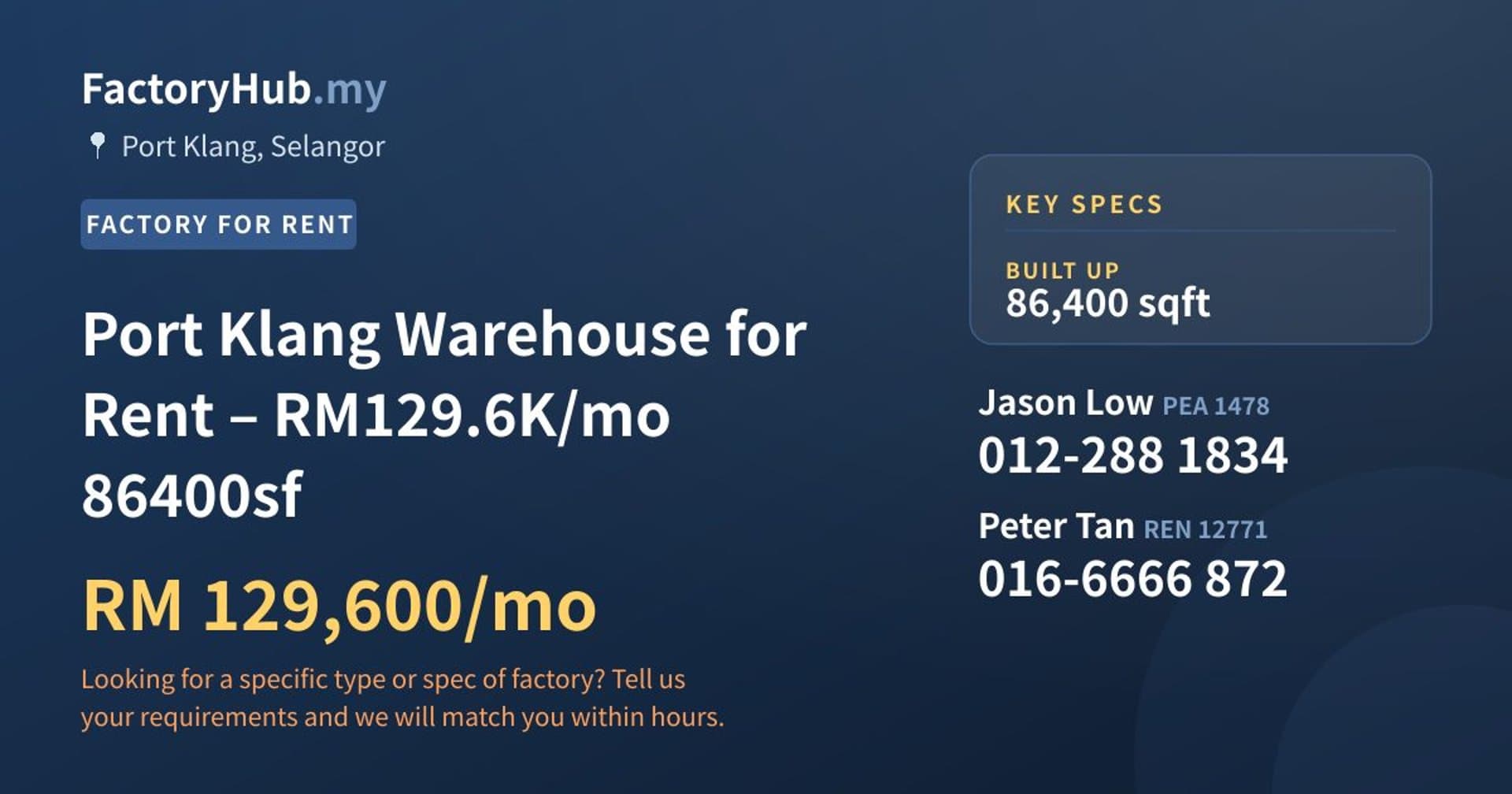 Port Klang Warehouse for Rent – RM129.6K/mo 86400sf - Property image 1 of 6