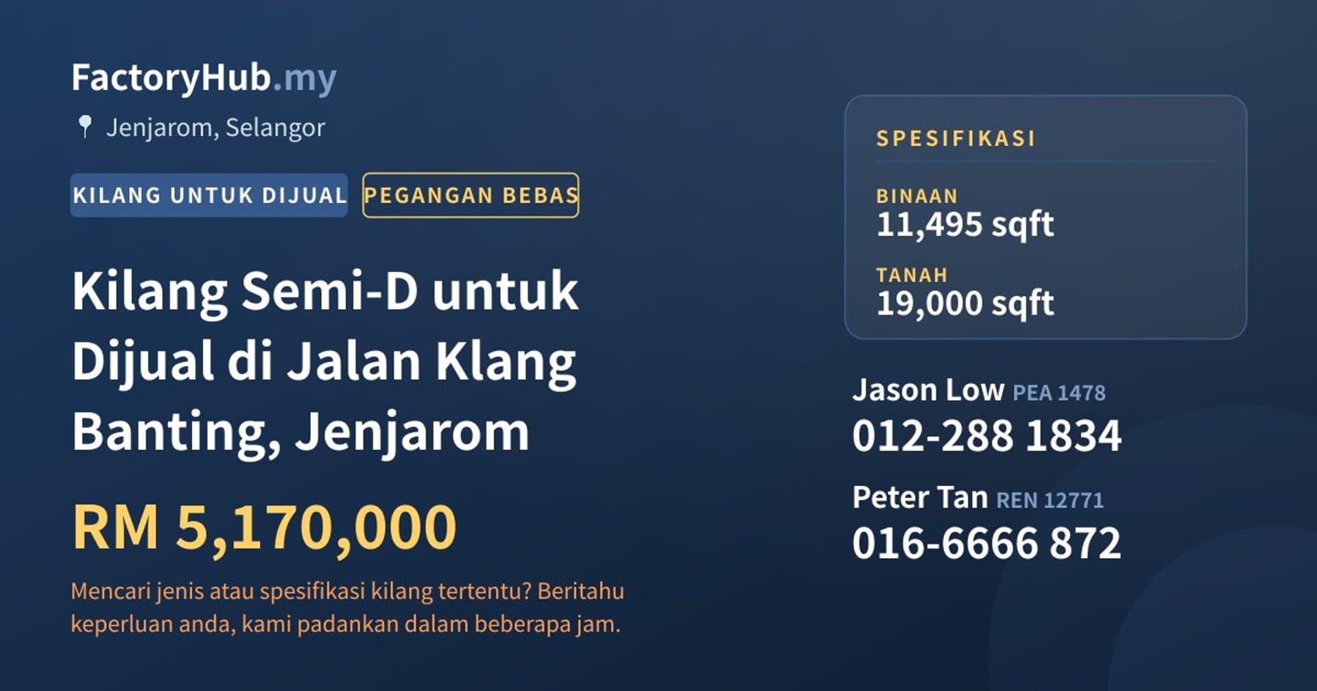 Kilang Semi-D untuk Dijual di Jalan Klang Banting, Jenjarom · Imej hartanah 1/2