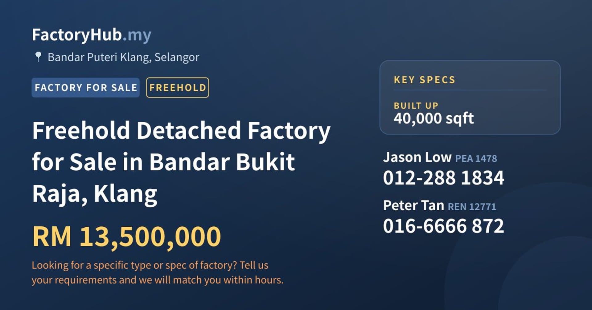 Freehold Detached Factory for Sale in Bandar Bukit Raja, Klang - Property image 1 of 2