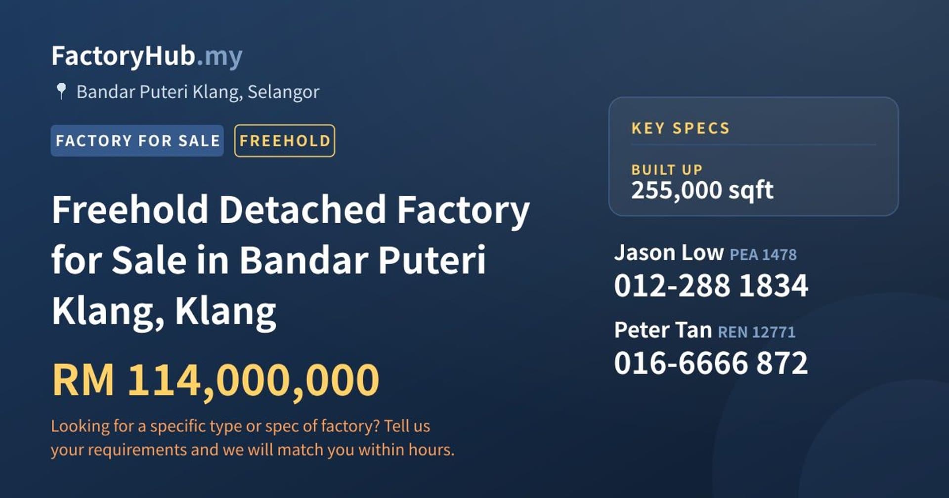 Freehold Detached Factory for Sale in Bandar Puteri Klang, Klang - Property image 1 of 2