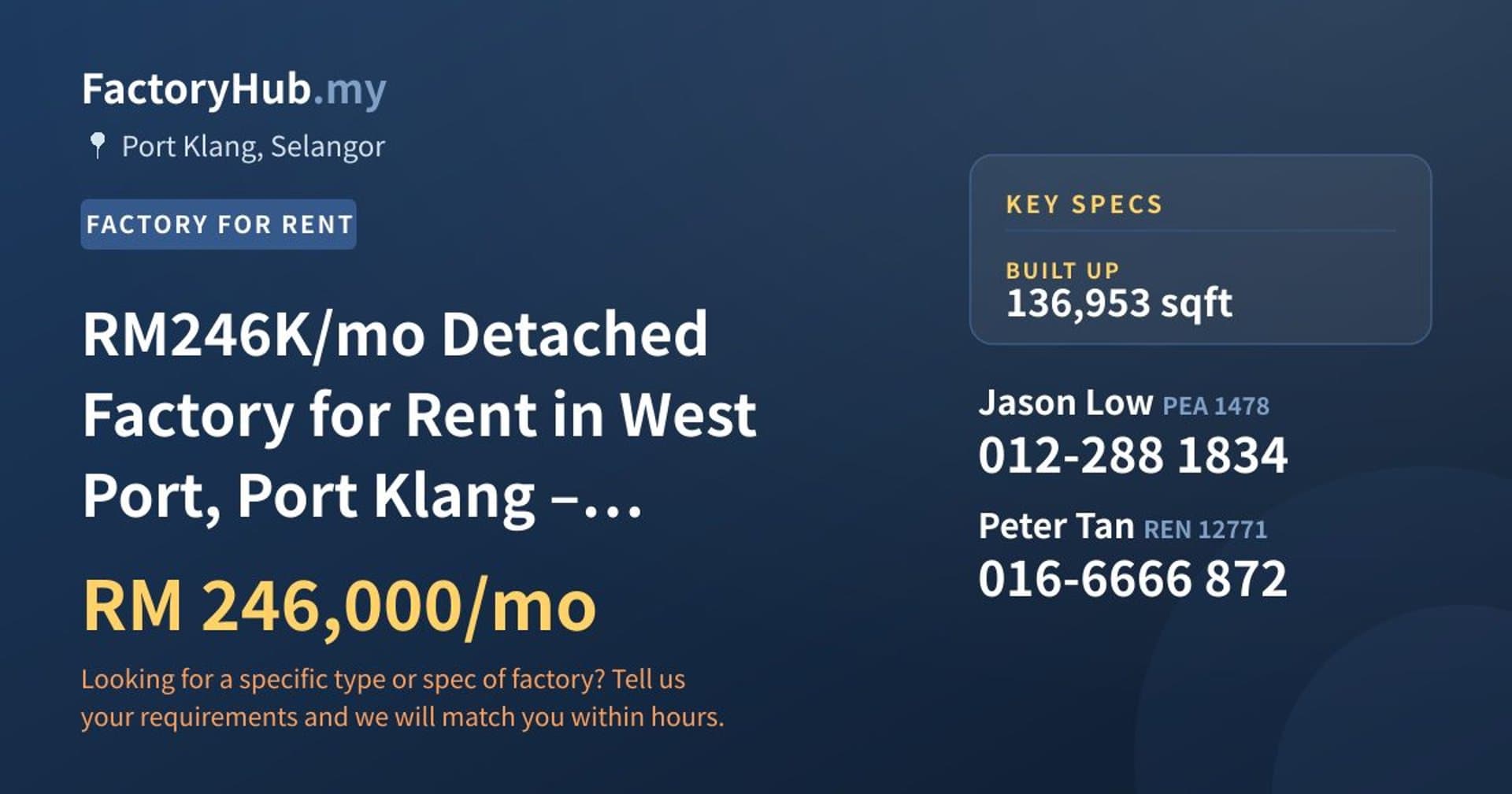 RM246K/mo Detached Factory for Rent in West Port, Port Klang – 136953sf - Property image 1 of 4