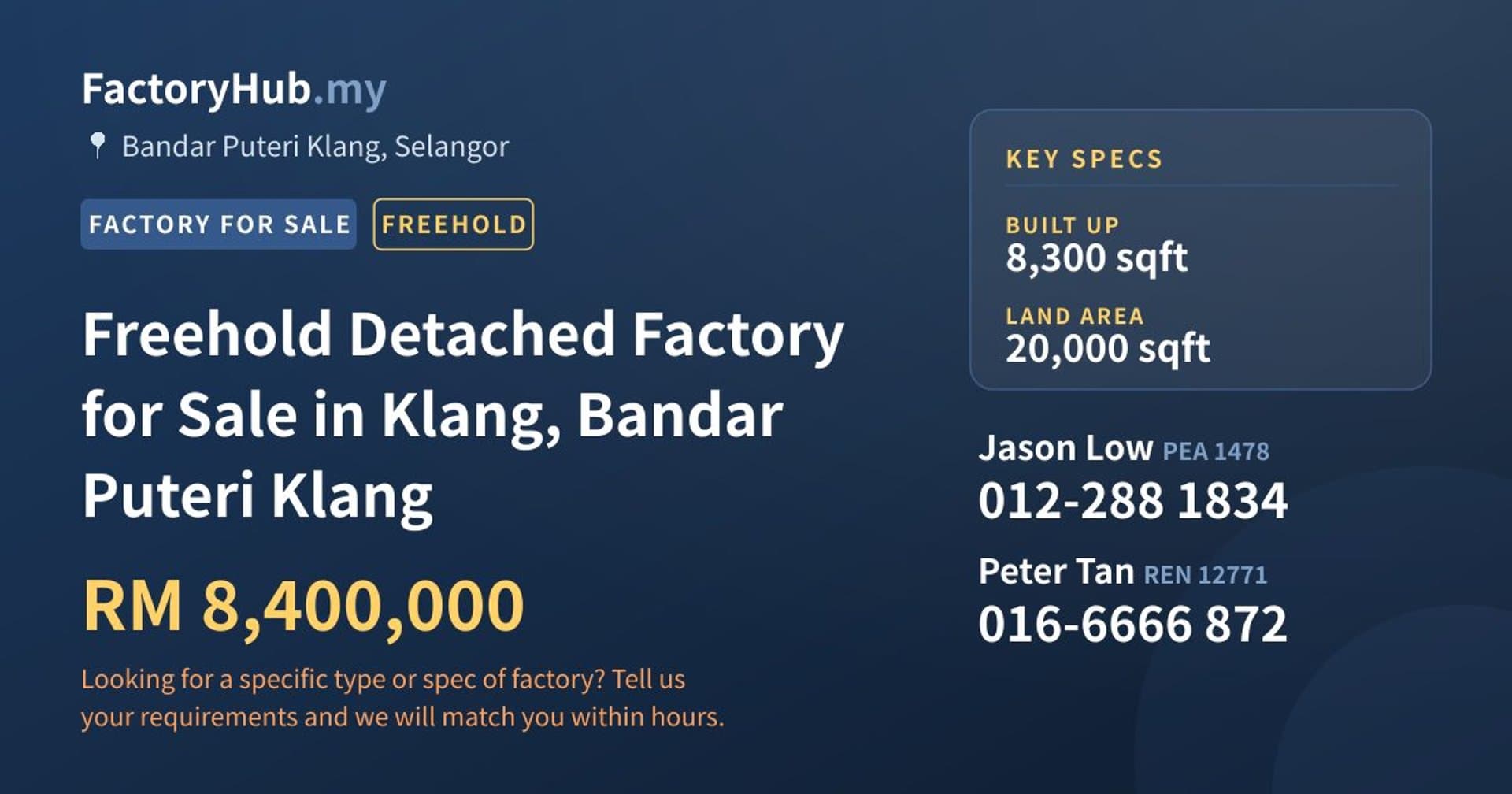 Freehold Detached Factory for Sale in Klang, Bandar Puteri Klang - Property image 1 of 2