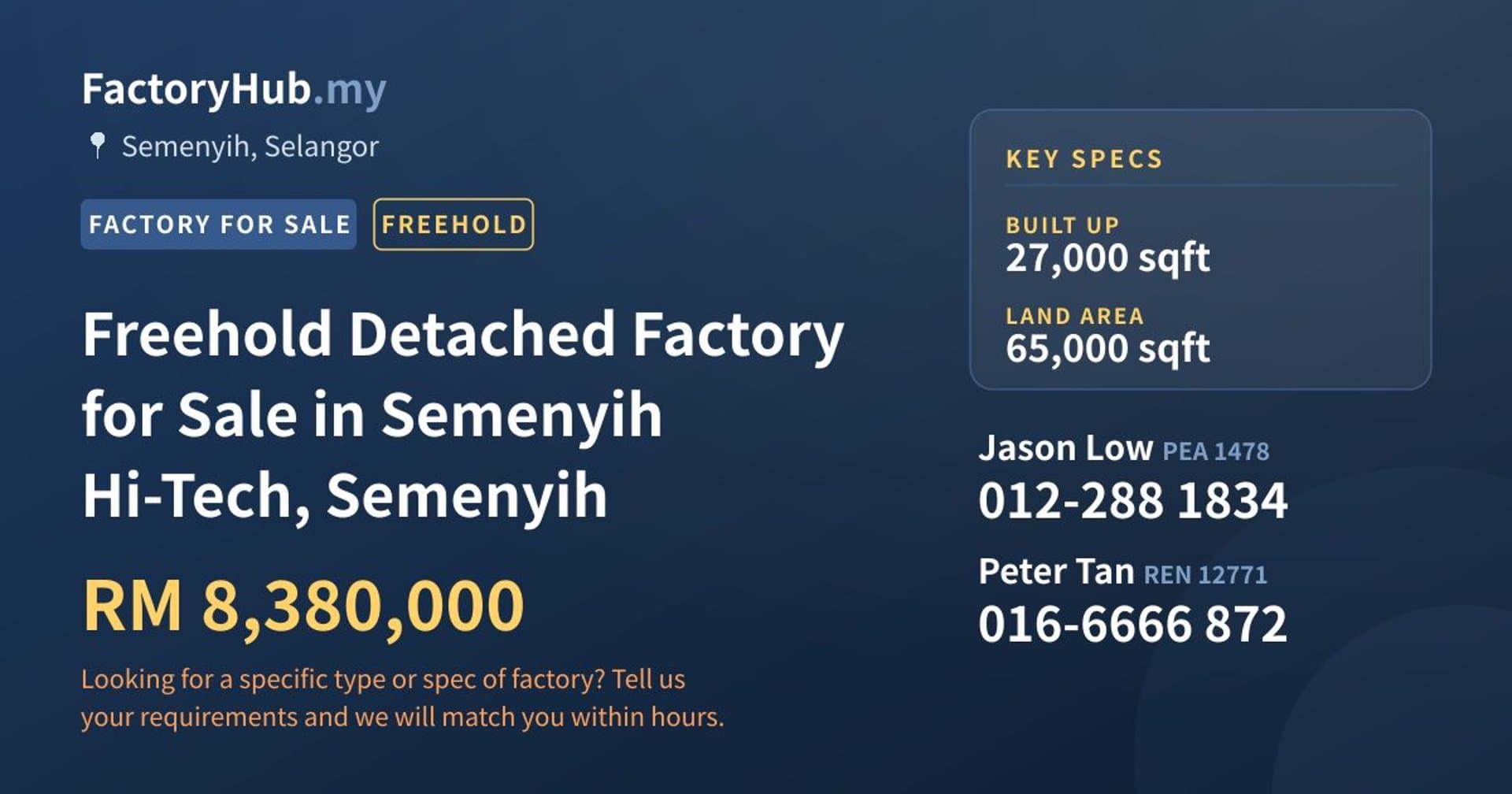 Freehold Detached Factory for Sale in Semenyih Hi-Tech, Semenyih - Property image 1 of 2
