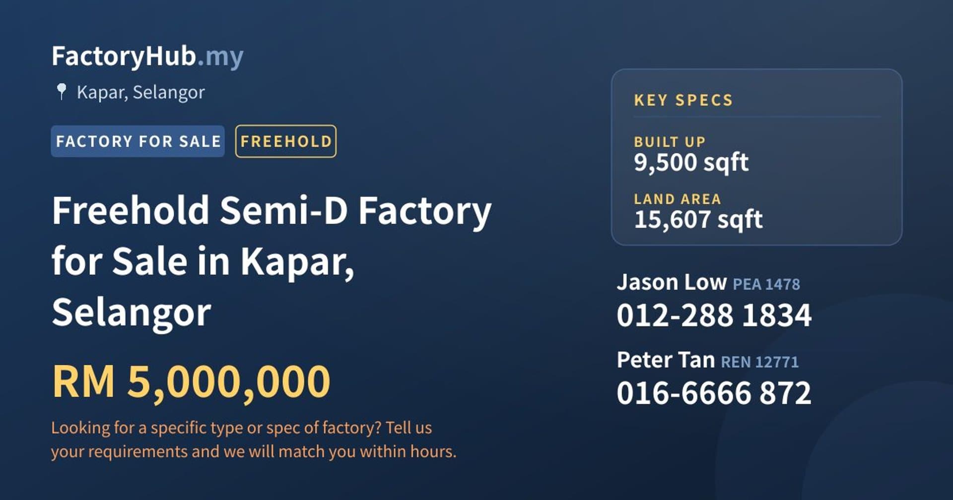 Freehold Semi-D Factory for Sale in Kapar, Selangor - Property image 1 of 2