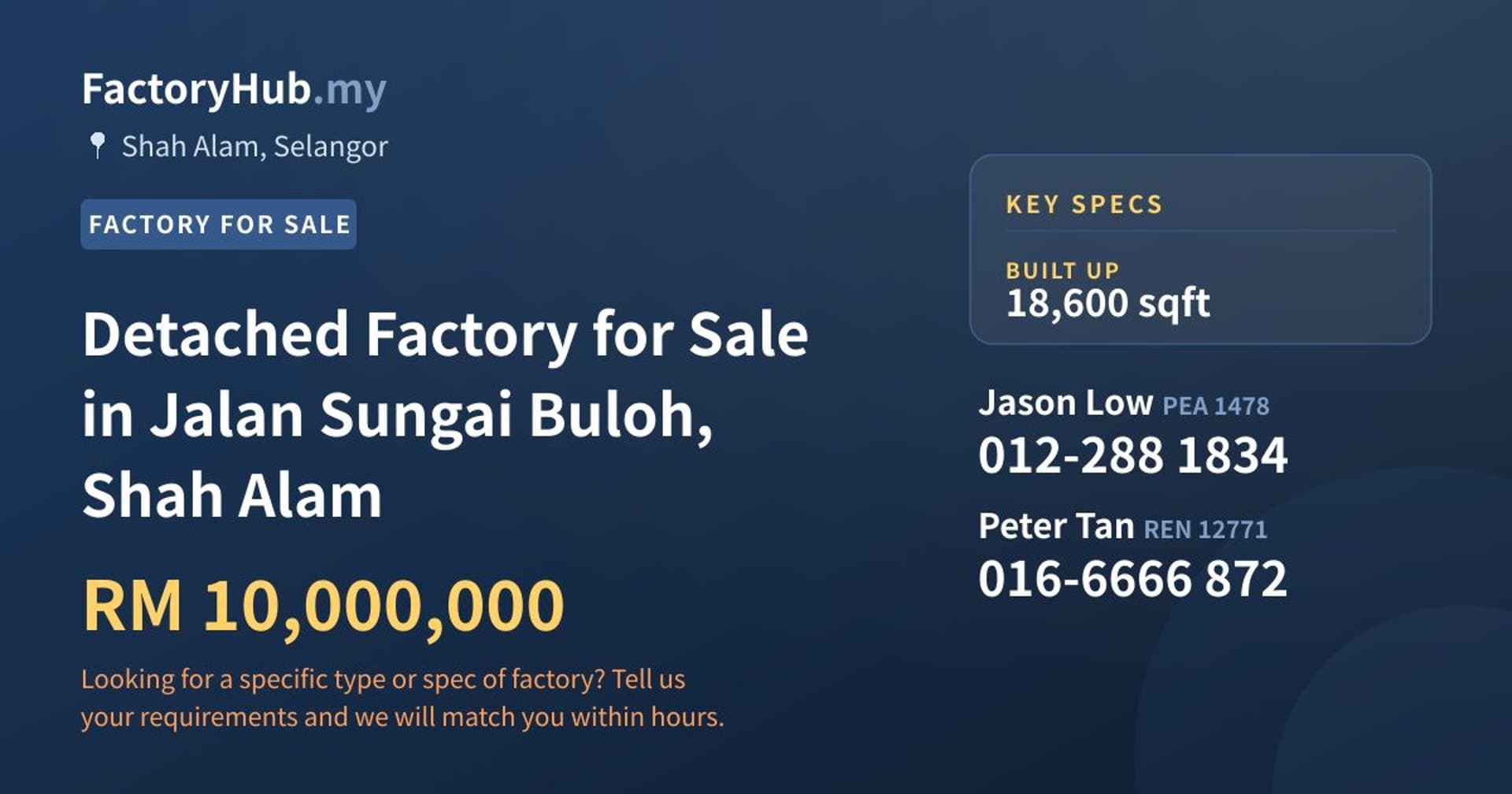 Detached Factory for Sale in Jalan Sungai Buloh, Shah Alam - Property image 1 of 2