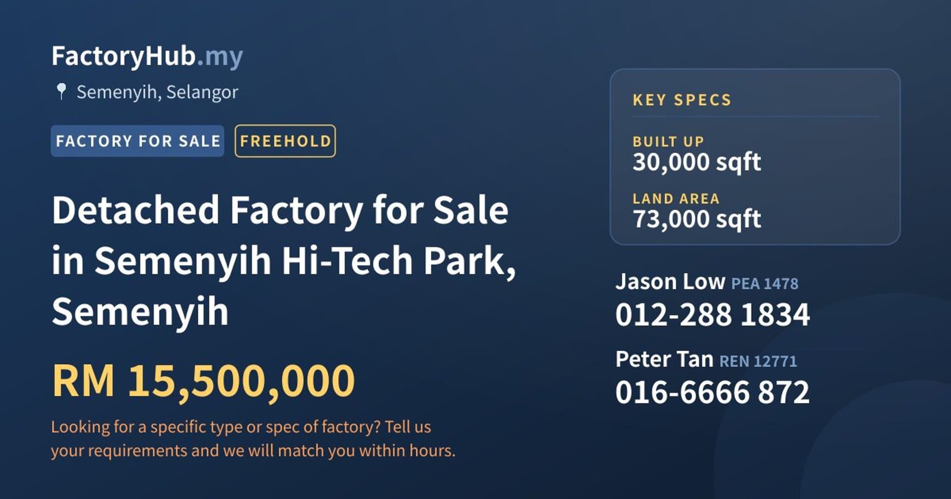 Detached Factory for Sale in Semenyih Hi-Tech Park, Semenyih - Property image 1 of 2