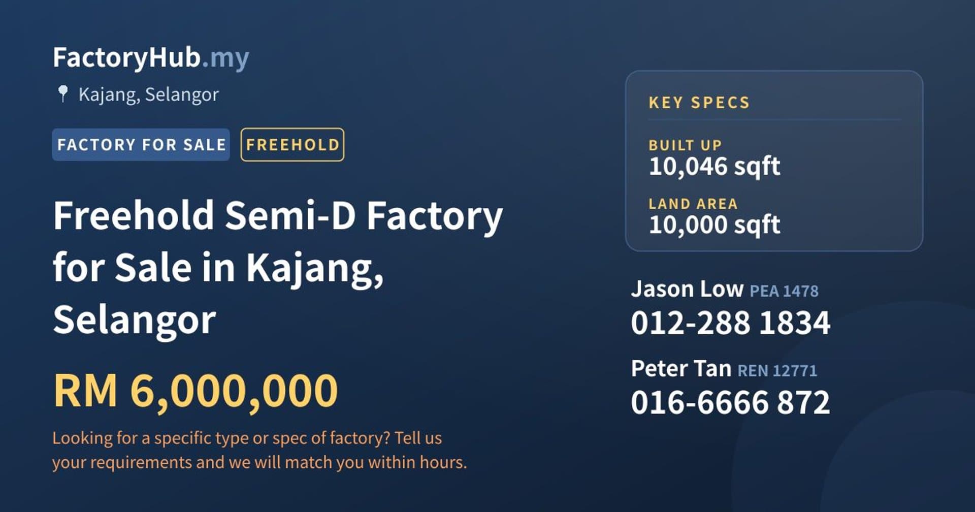Freehold Semi-D Factory for Sale in Kajang, Selangor - Property image 1 of 2