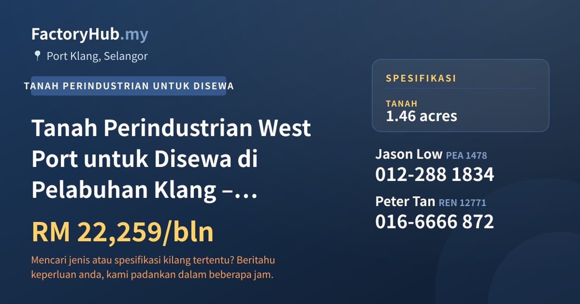 Tanah Perindustrian West Port untuk Disewa di Pelabuhan Klang – RM22.26K/bln 1.46 ekar · Imej hartanah 1/5