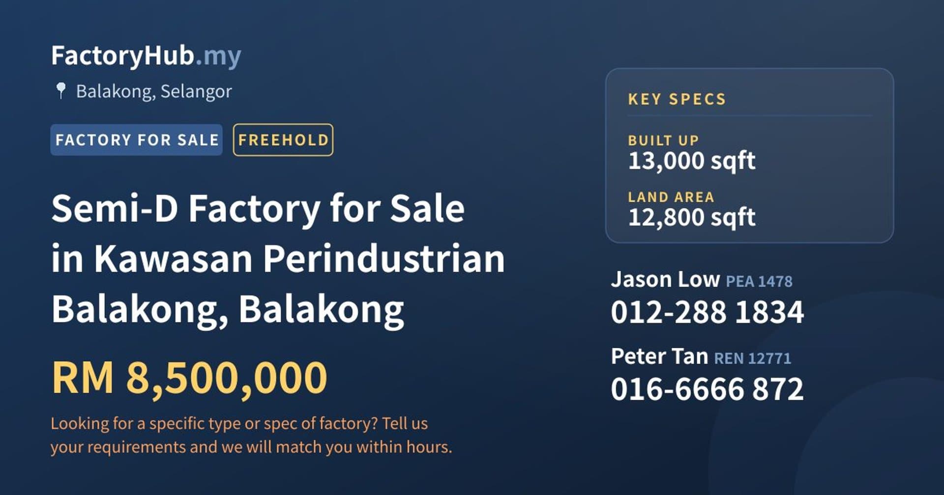 Semi-D Factory for Sale in Kawasan Perindustrian Balakong, Balakong - Property image 1 of 2