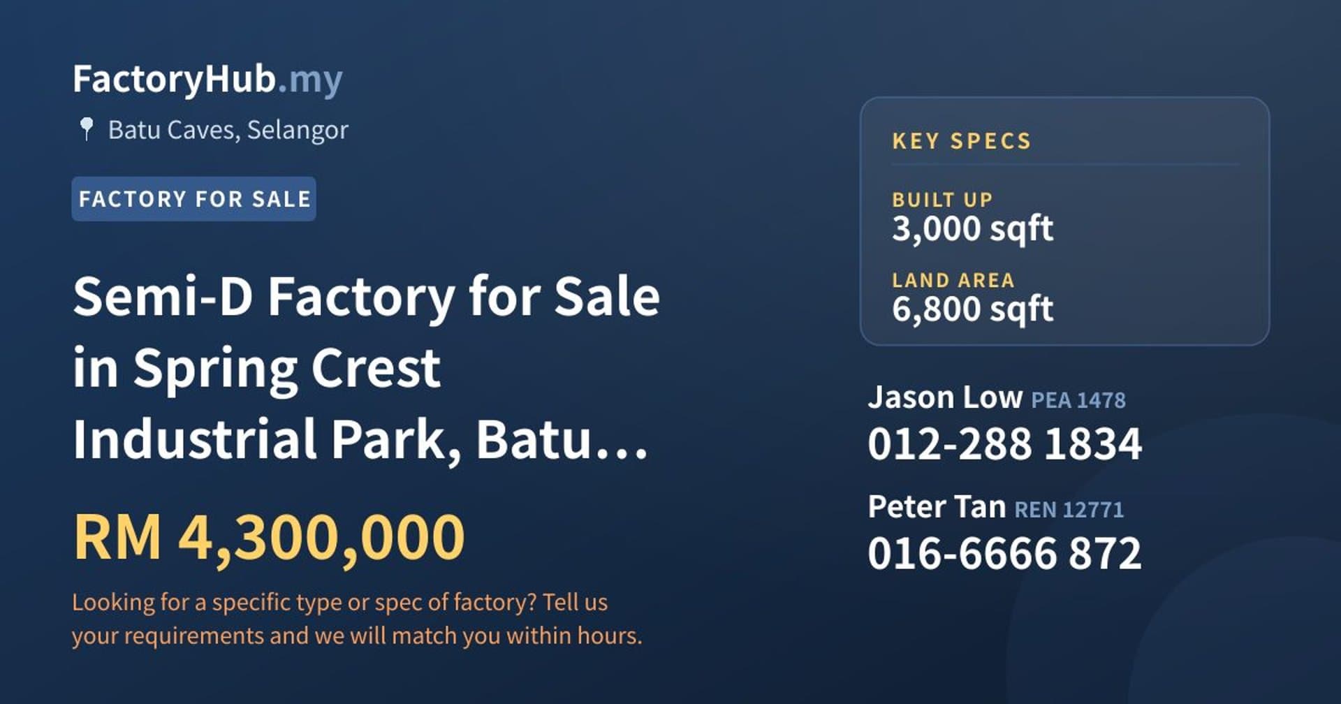 Semi-D Factory for Sale in Spring Crest Industrial Park, Batu Caves - Property image 1 of 2
