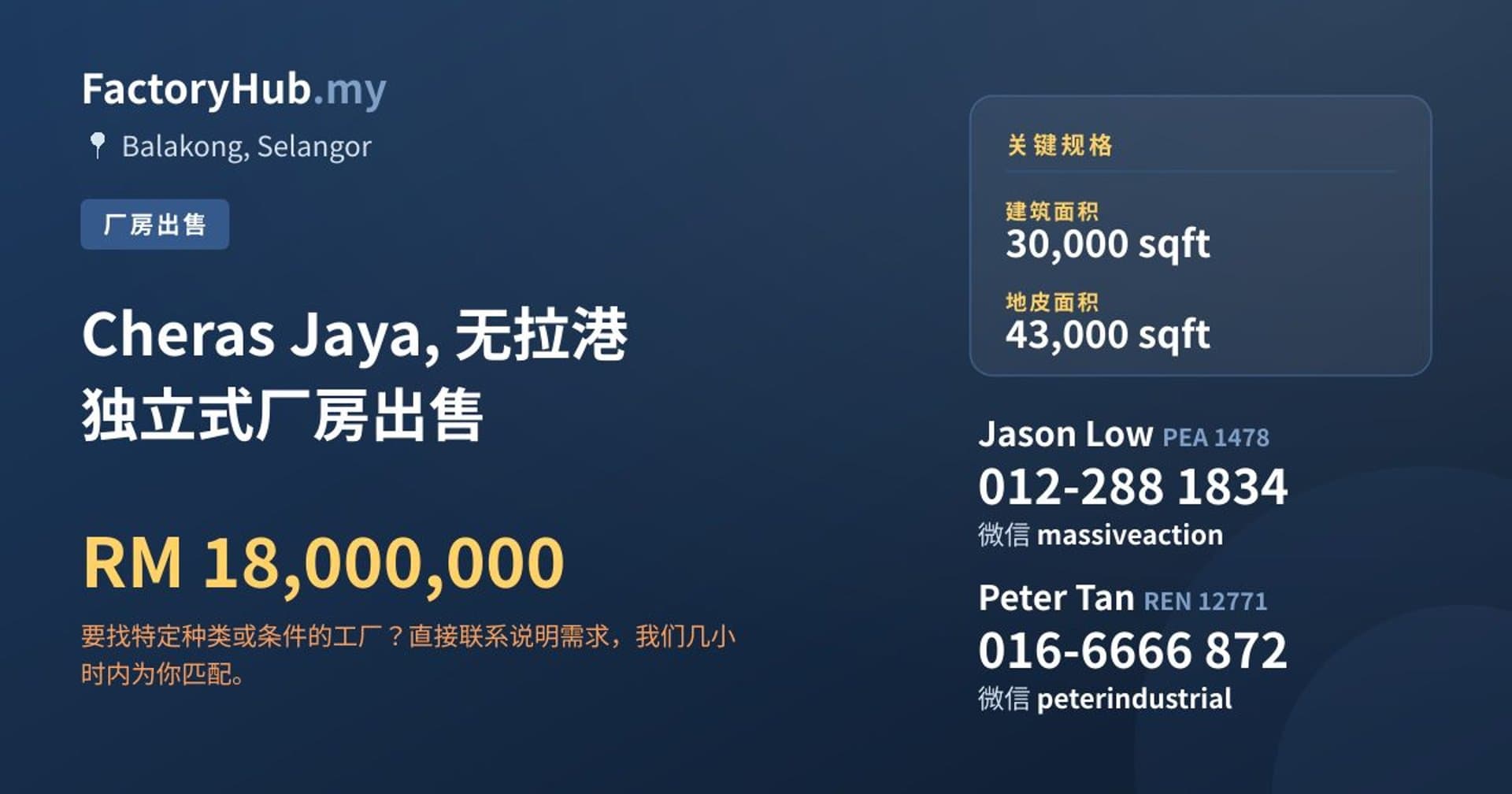 Cheras Jaya, 无拉港 独立式厂房出售 · 房源图片 1/2