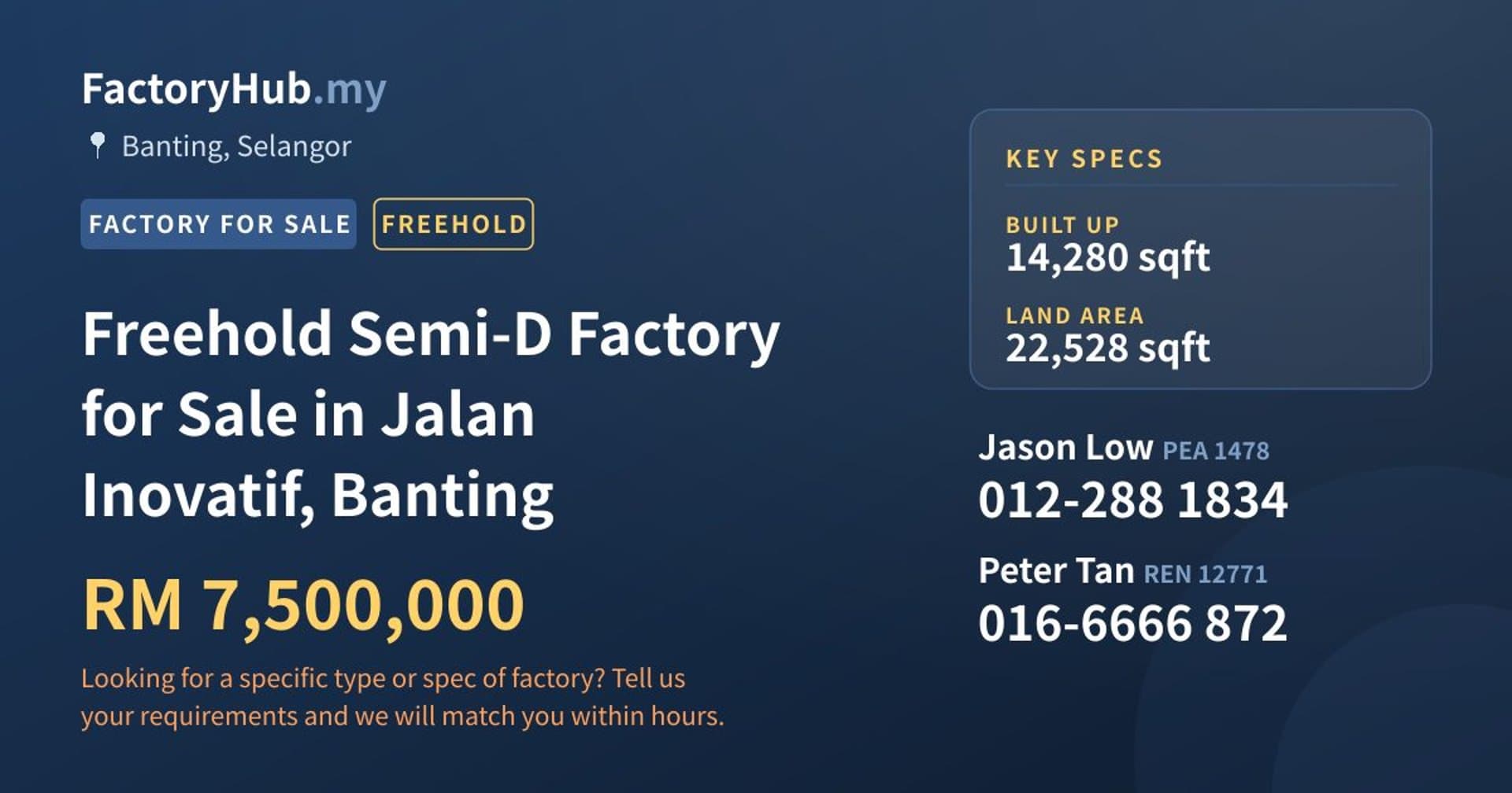 Freehold Semi-D Factory for Sale in Jalan Inovatif, Banting - Property image 1 of 2