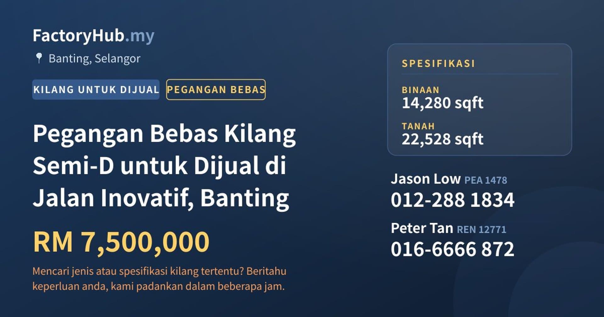 Pegangan Bebas Kilang Semi-D untuk Dijual di Jalan Inovatif, Banting · Imej hartanah 1/2