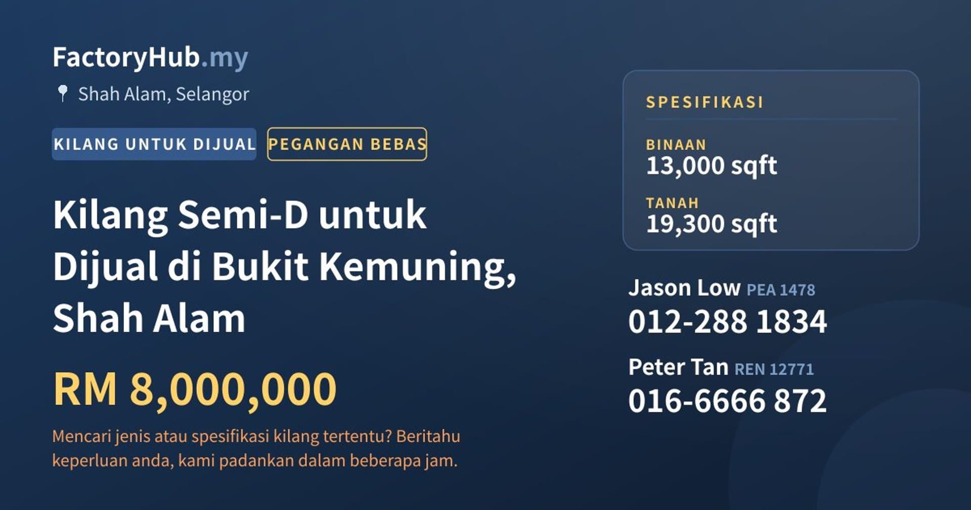 Kilang Semi-D untuk Dijual di Bukit Kemuning, Shah Alam · Imej hartanah 1/2