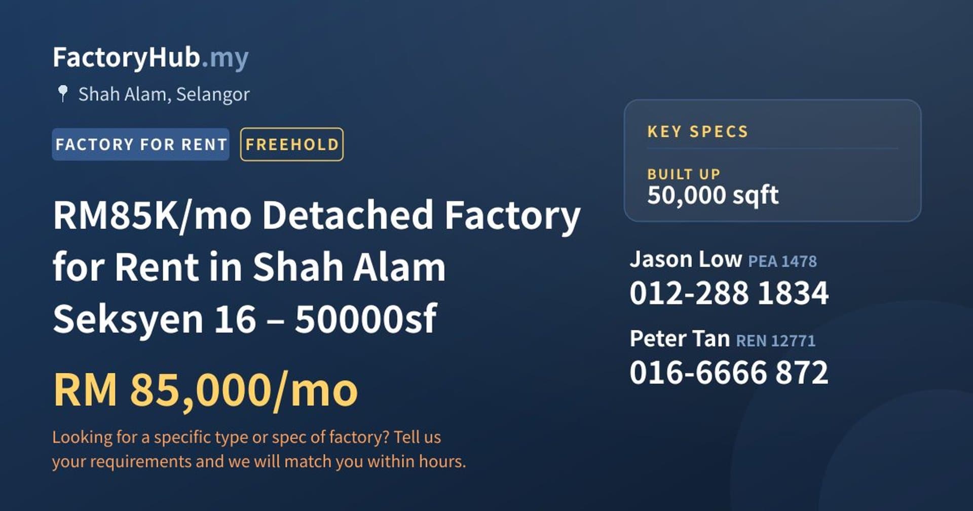 RM85K/mo Detached Factory for Rent in Shah Alam Seksyen 16 – 50000sf - Property image 1 of 7