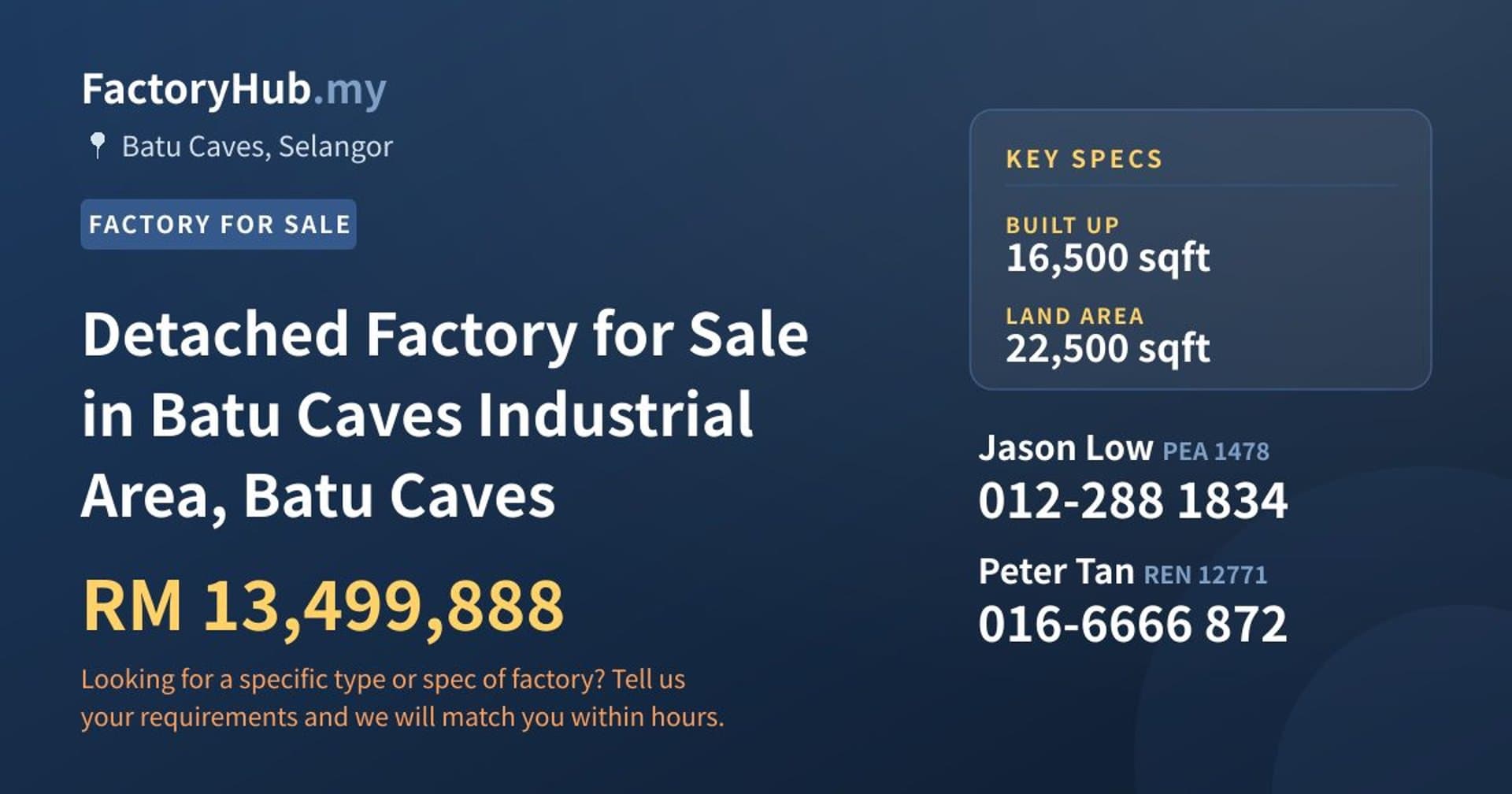 Detached Factory for Sale in Batu Caves Industrial Area, Batu Caves - Property image 1 of 2