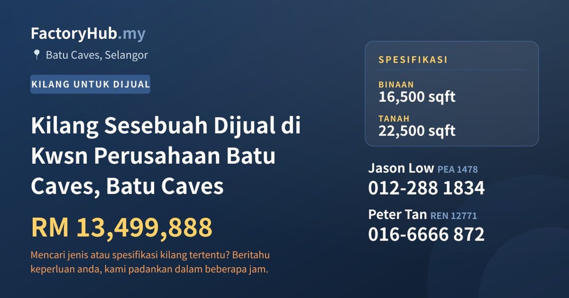 Kilang Sesebuah Dijual di Kwsn Perusahaan Batu Caves, Batu Caves · Imej hartanah 1/2