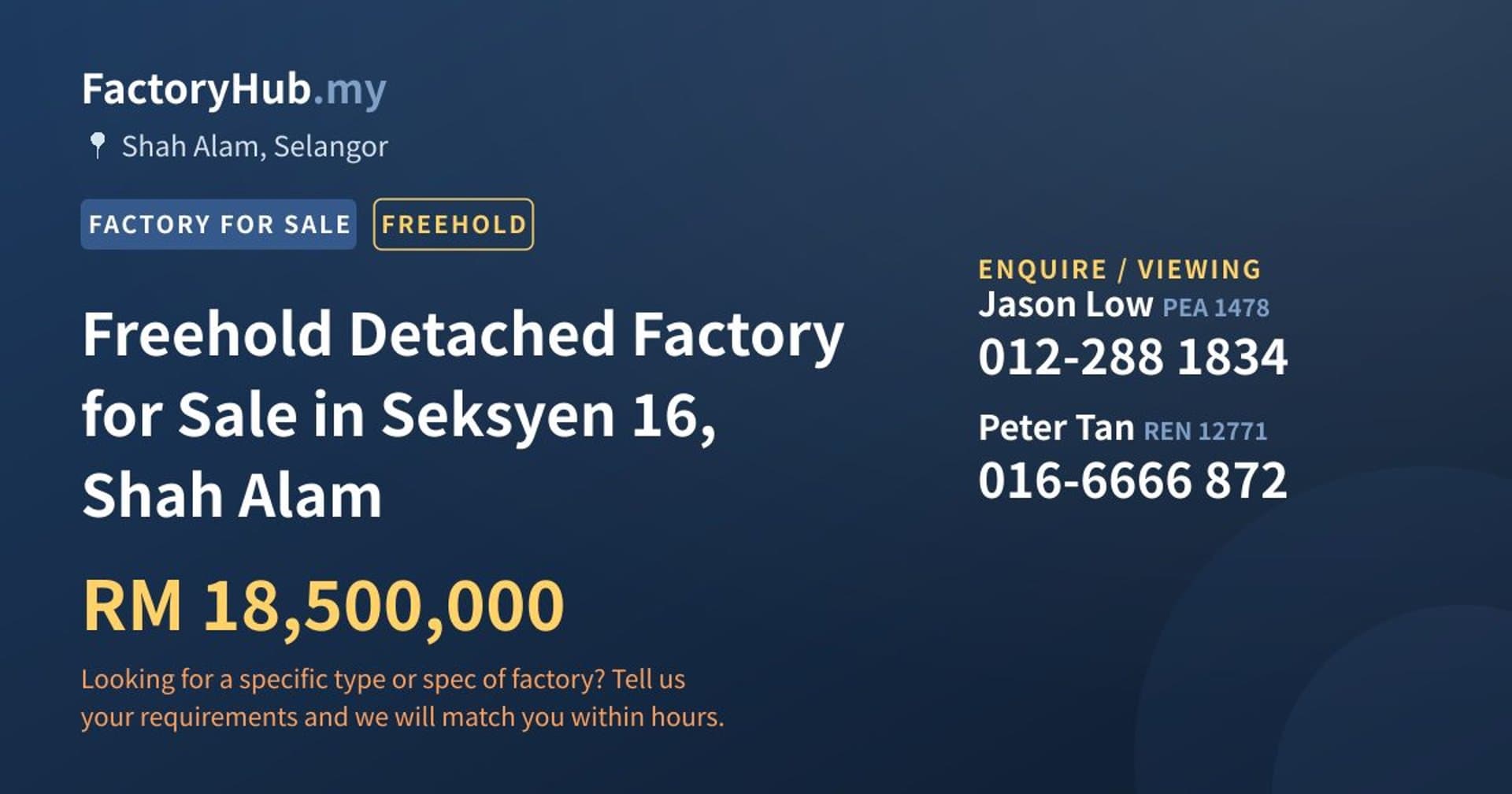 Freehold Detached Factory for Sale in Seksyen 16, Shah Alam - Property image 1 of 2