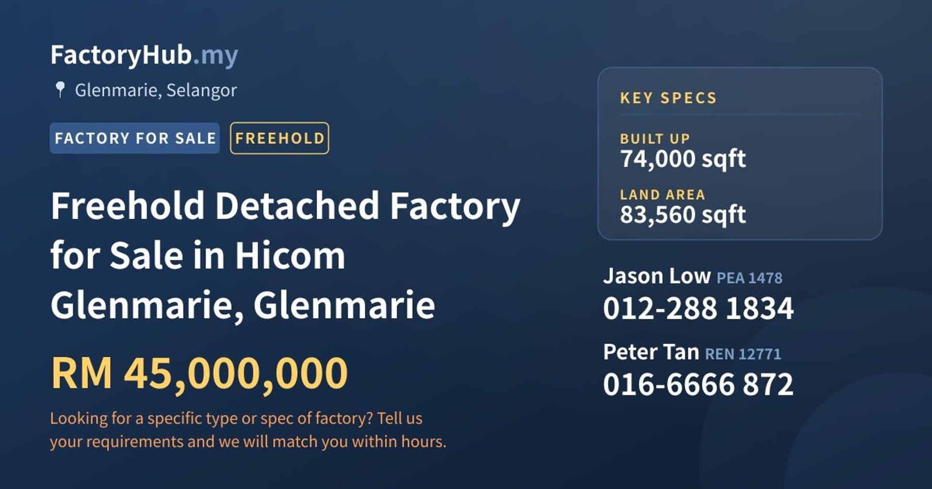 Freehold Detached Factory for Sale in Hicom Glenmarie, Glenmarie - Property image 1 of 2