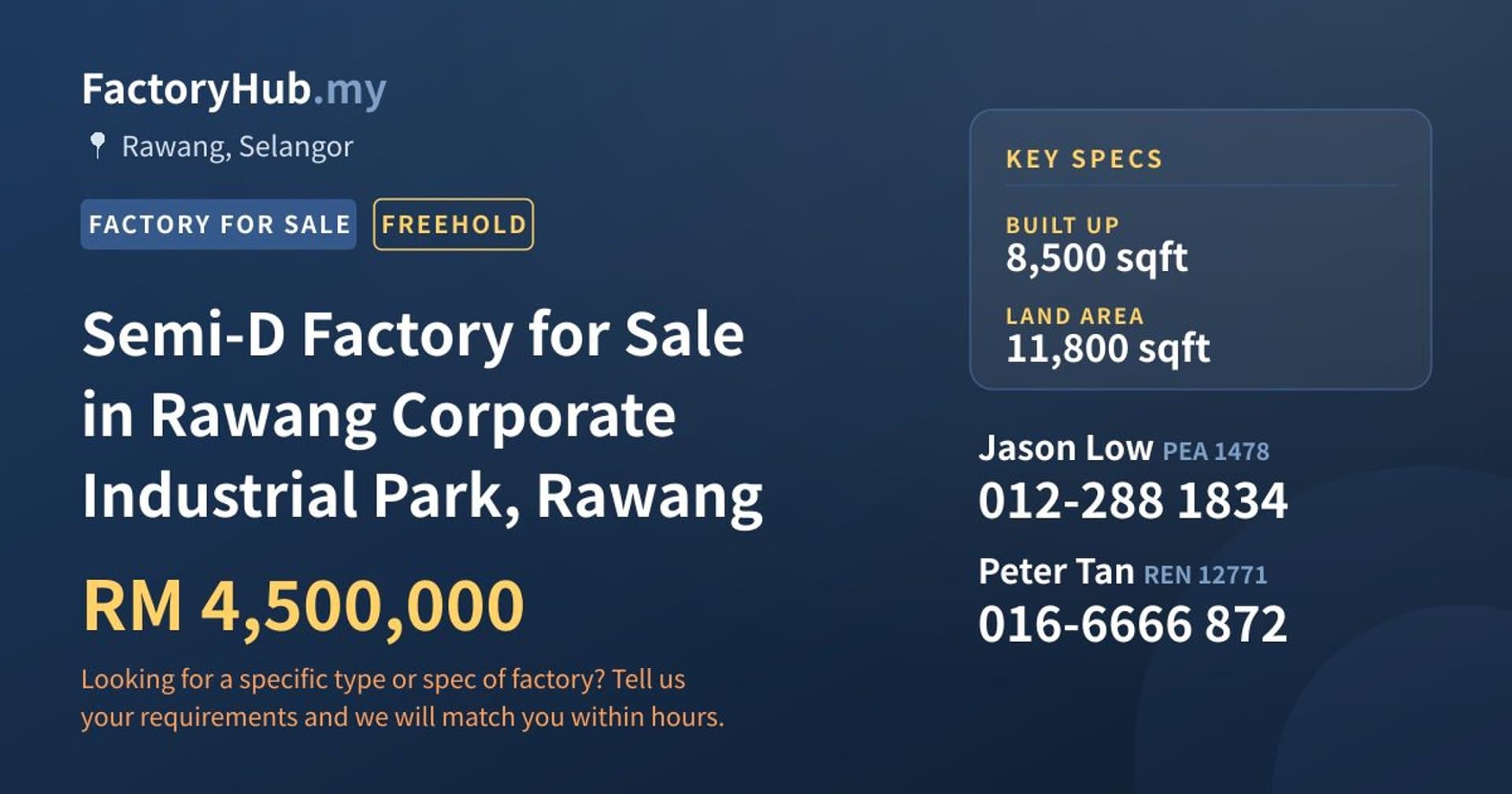 Semi-D Factory for Sale in Rawang Corporate Industrial Park, Rawang - Property image 1 of 2